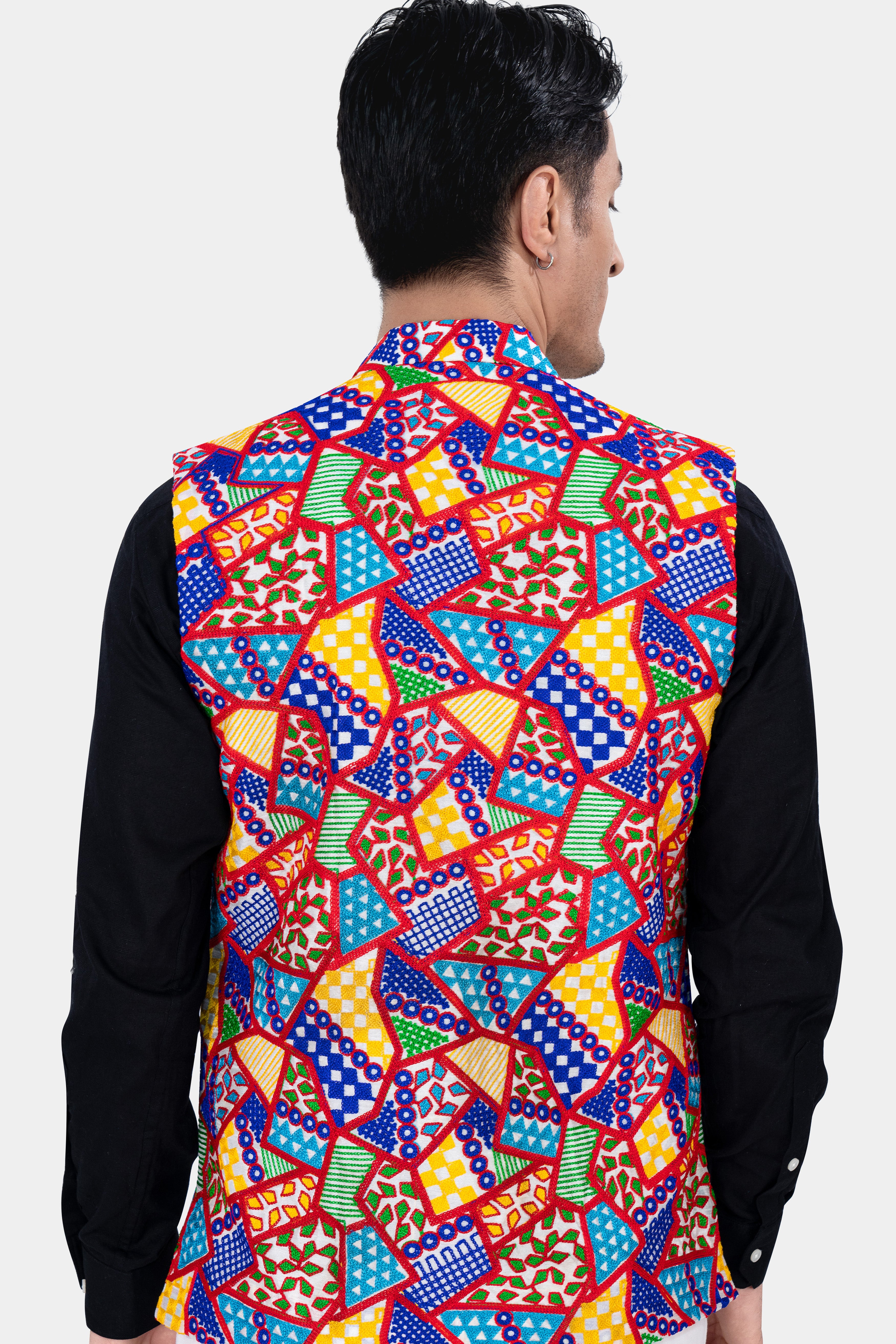 Carmine Red with Cobalt Blue and Amber Yellow Multicolour Cotton Thread Embroidered Nehru Jacket WC2883-36, WC2883-38, WC2883-40, WC2883-42, WC2883-44, WC2883-46, WC2883-48, WC2883-50, WC2883-52, WC2883-54, WC2883-56, WC2883-58, WC2883-60