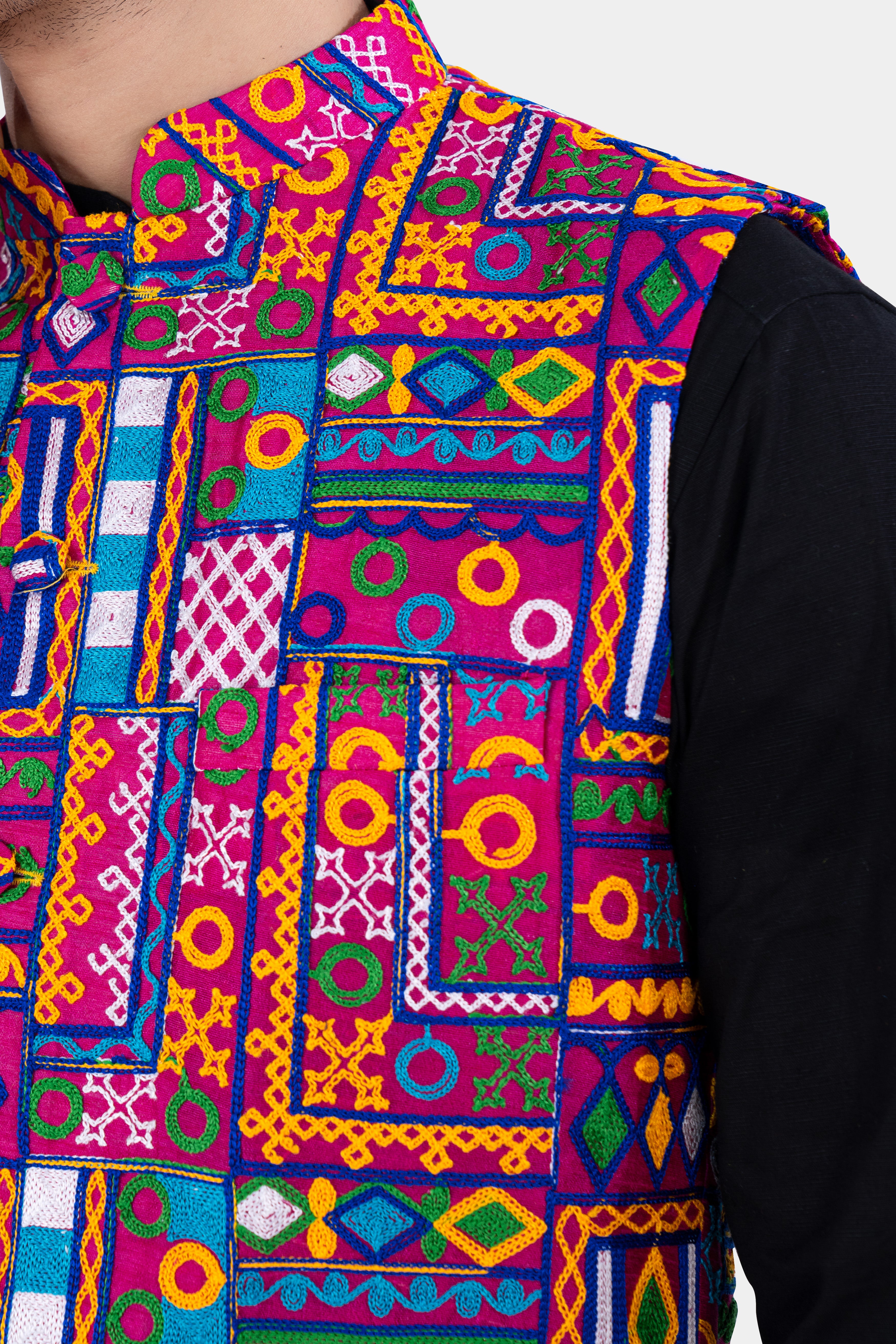 Fuchsia Pink and Smalt Blue Multicolour Cotton Thread Embroidered Nehru Jacket WC2885-36, WC2885-38, WC2885-40, WC2885-42, WC2885-44, WC2885-46, WC2885-48, WC2885-50, WC2885-52, WC2885-54, WC2885-56, WC2885-58, WC2885-60