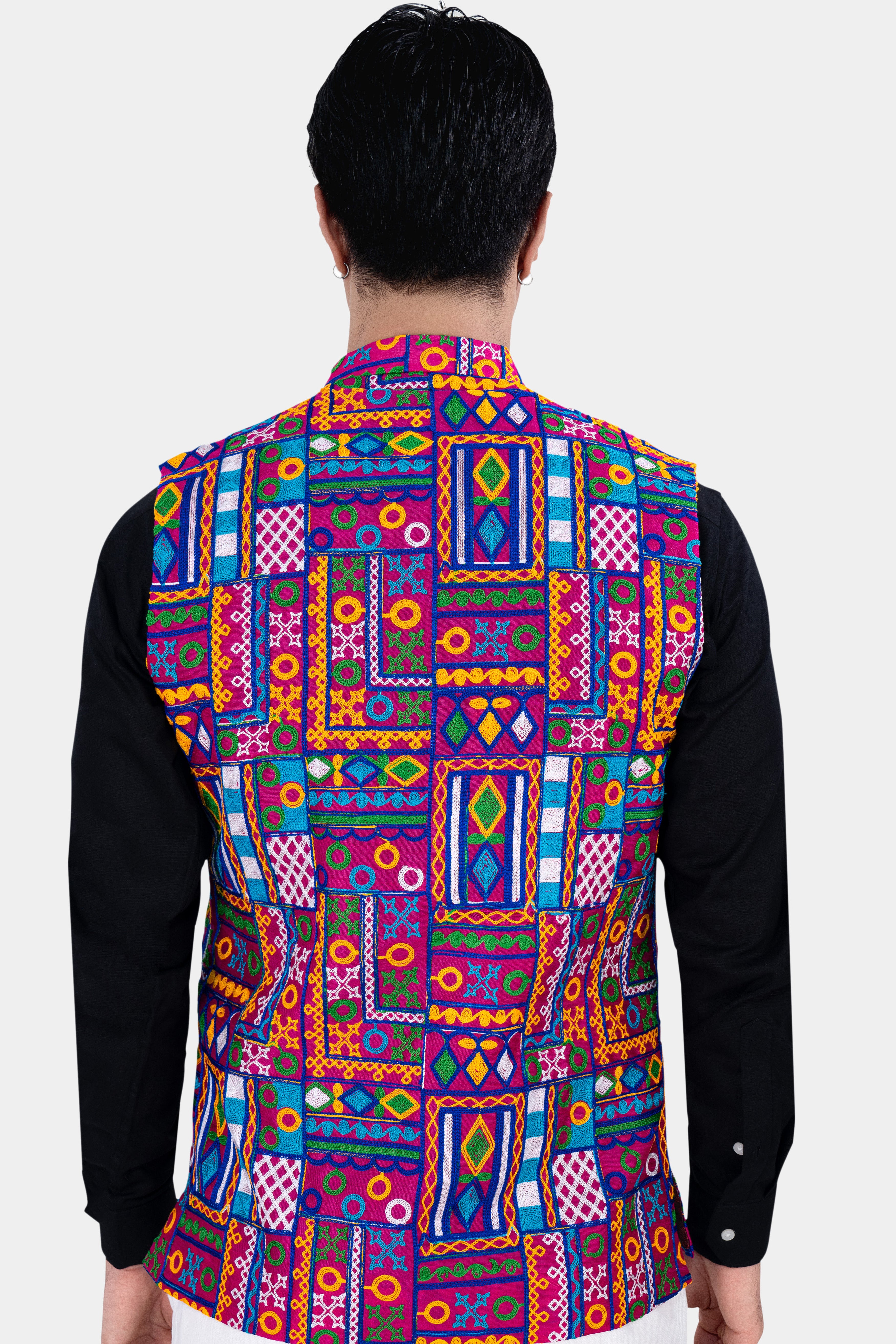 Fuchsia Pink and Smalt Blue Multicolour Cotton Thread Embroidered Nehru Jacket WC2885-36, WC2885-38, WC2885-40, WC2885-42, WC2885-44, WC2885-46, WC2885-48, WC2885-50, WC2885-52, WC2885-54, WC2885-56, WC2885-58, WC2885-60