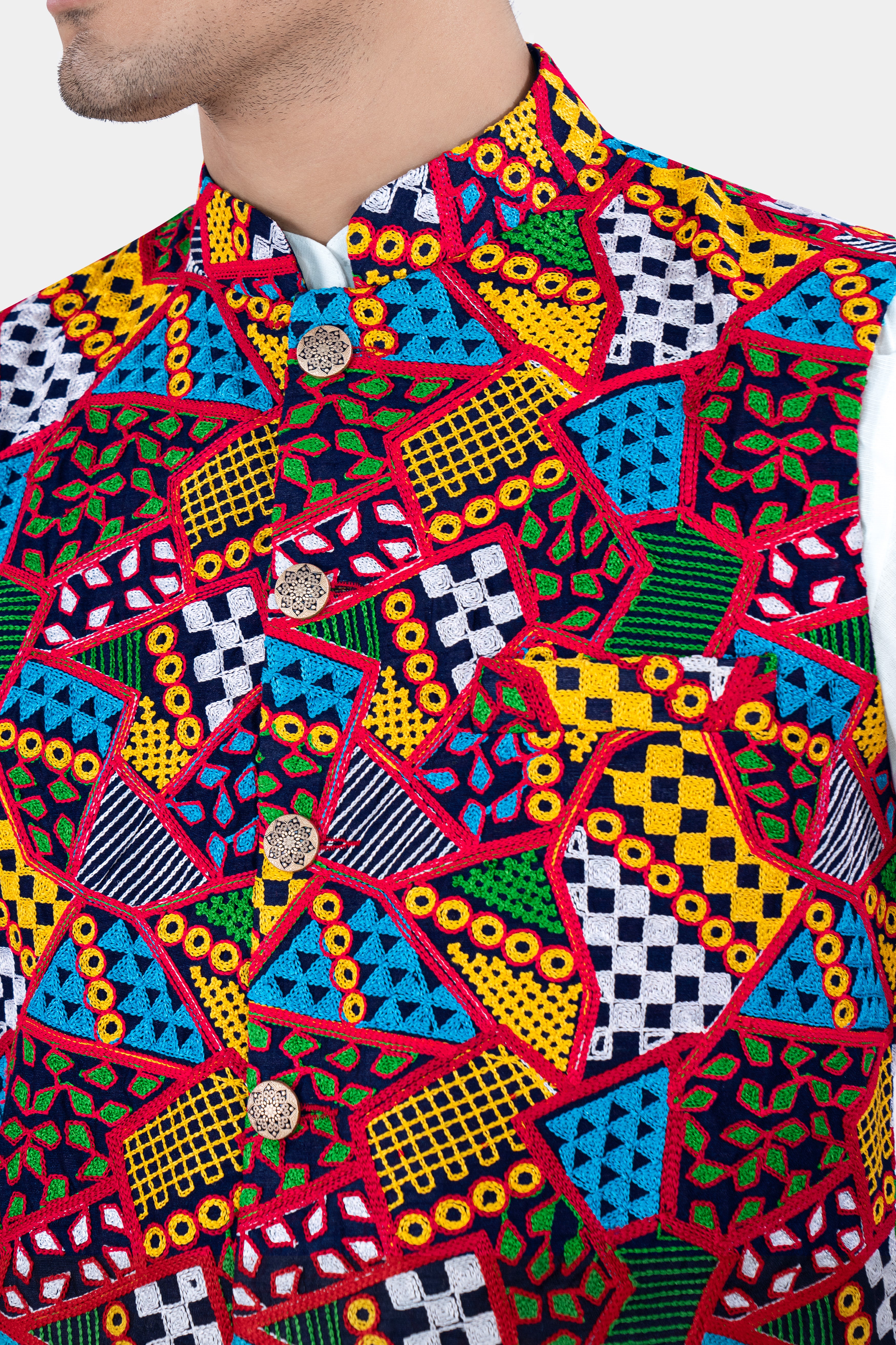 Rosso Red with Peel Yellow Multicolour Cotton Thread Embroidered Nehru Jacket WC2886-36, WC2886-38, WC2886-40, WC2886-42, WC2886-44, WC2886-46, WC2886-48, WC2886-50, WC2886-52, WC2886-54, WC2886-56, WC2886-58, WC2886-60