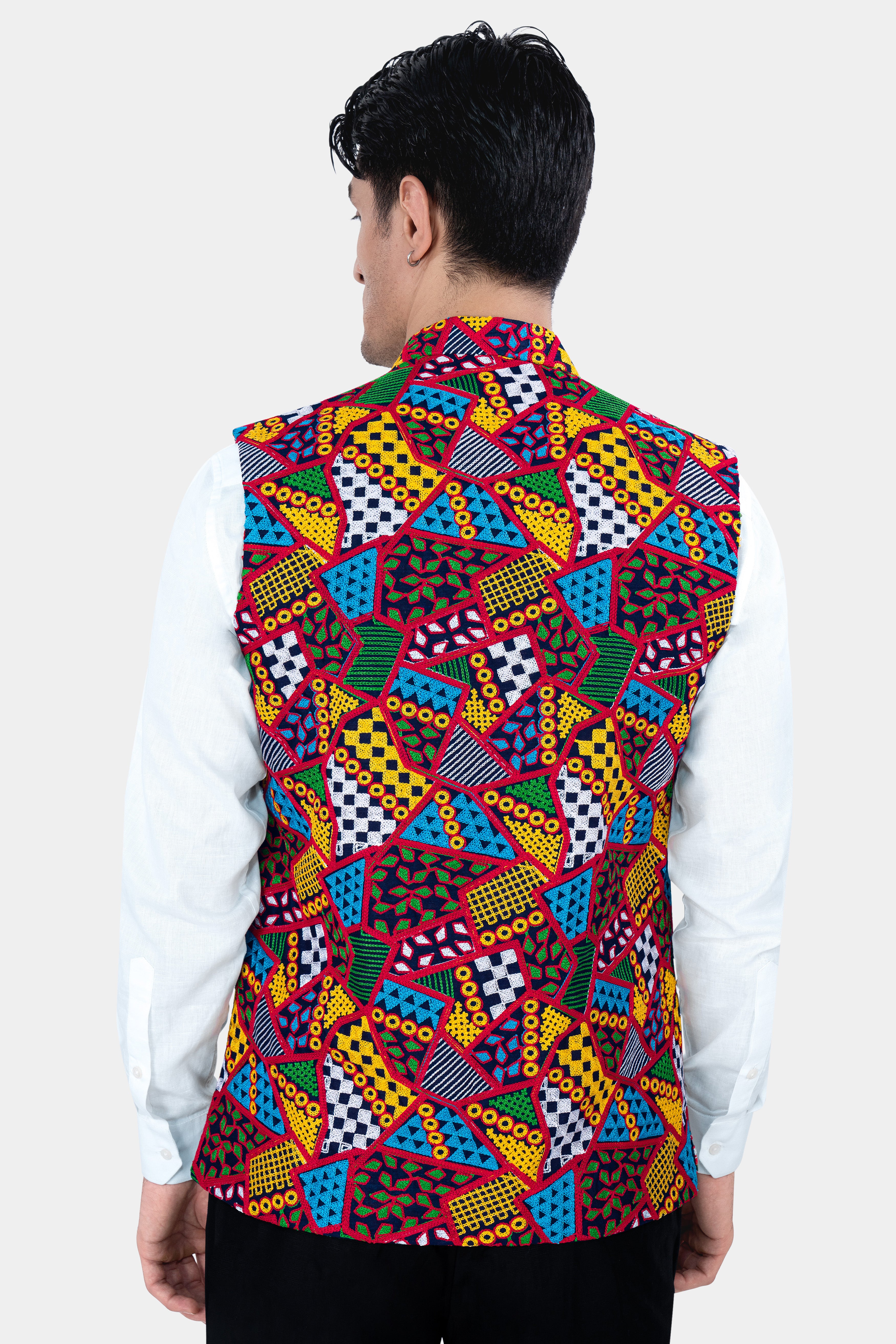 Rosso Red with Peel Yellow Multicolour Cotton Thread Embroidered Nehru Jacket WC2886-36, WC2886-38, WC2886-40, WC2886-42, WC2886-44, WC2886-46, WC2886-48, WC2886-50, WC2886-52, WC2886-54, WC2886-56, WC2886-58, WC2886-60