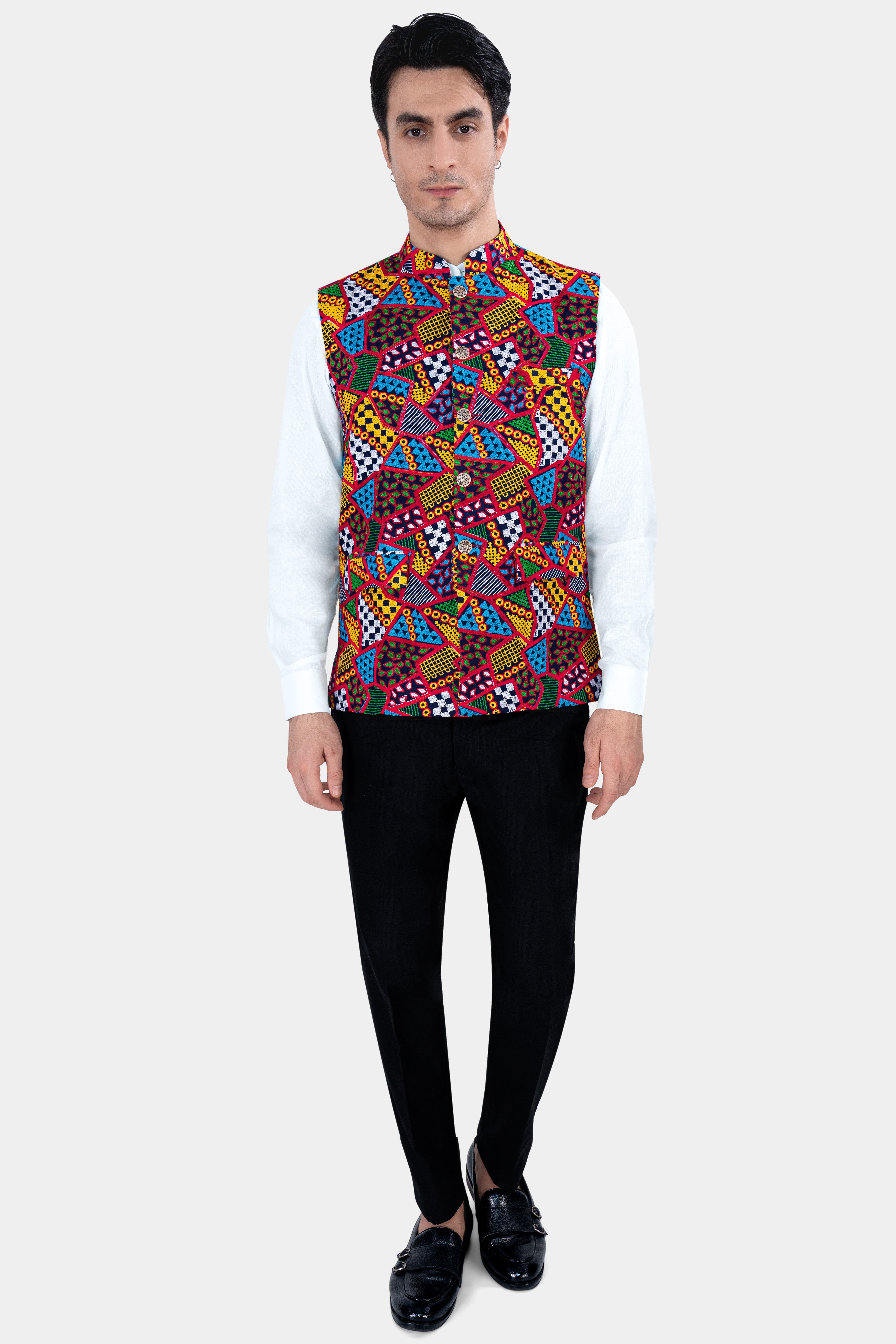 Rosso Red with Peel Yellow Multicolour Cotton Thread Embroidered Nehru Jacket WC2886-36, WC2886-38, WC2886-40, WC2886-42, WC2886-44, WC2886-46, WC2886-48, WC2886-50, WC2886-52, WC2886-54, WC2886-56, WC2886-58, WC2886-60