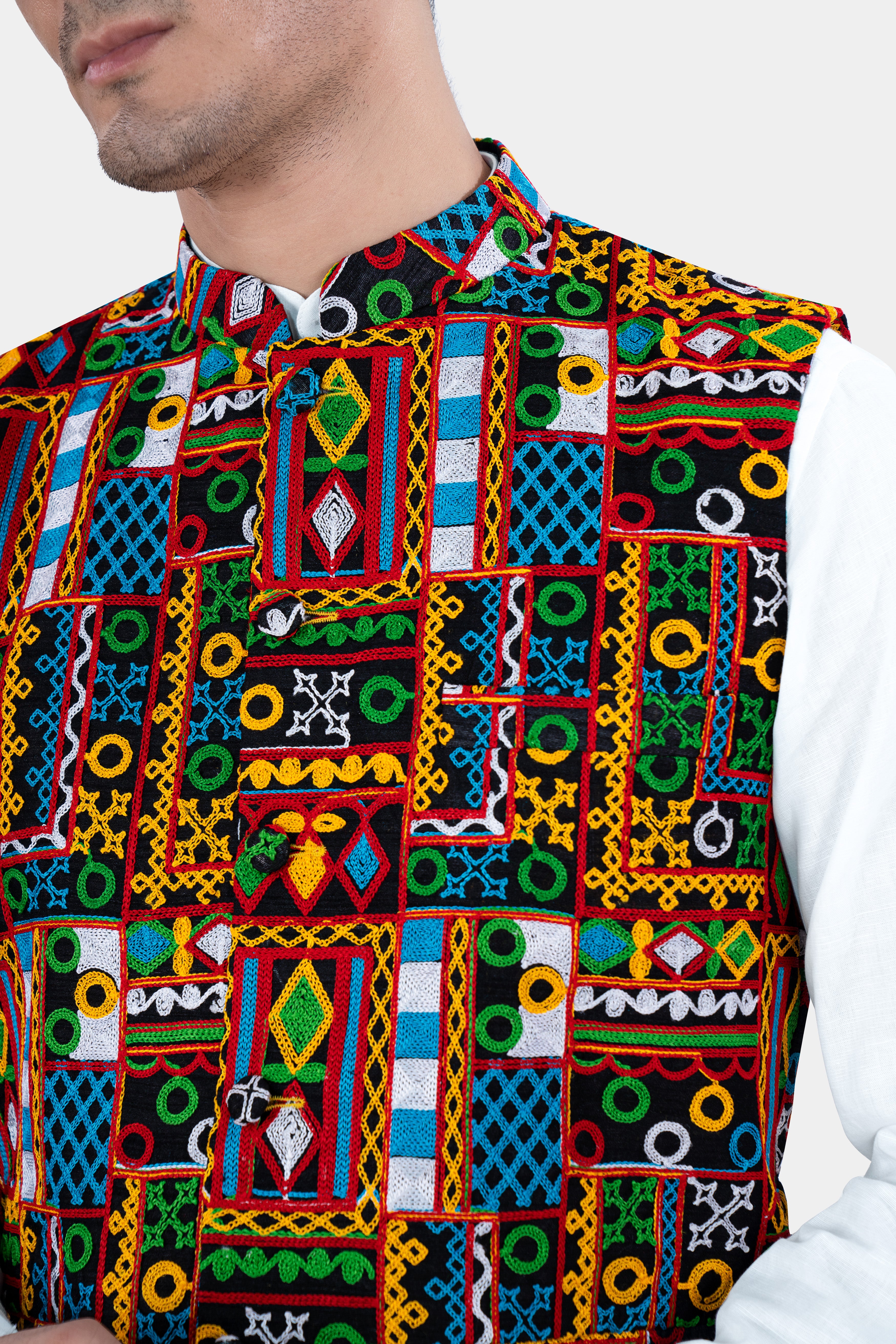 Amber Yellow and Kelly Green Multicolour Cotton Thread Embroidered Nehru Jacket WC2887-36, WC2887-38, WC2887-40, WC2887-42, WC2887-44, WC2887-46, WC2887-48, WC2887-50, WC2887-52, WC2887-54, WC2887-56, WC2887-58, WC2887-60