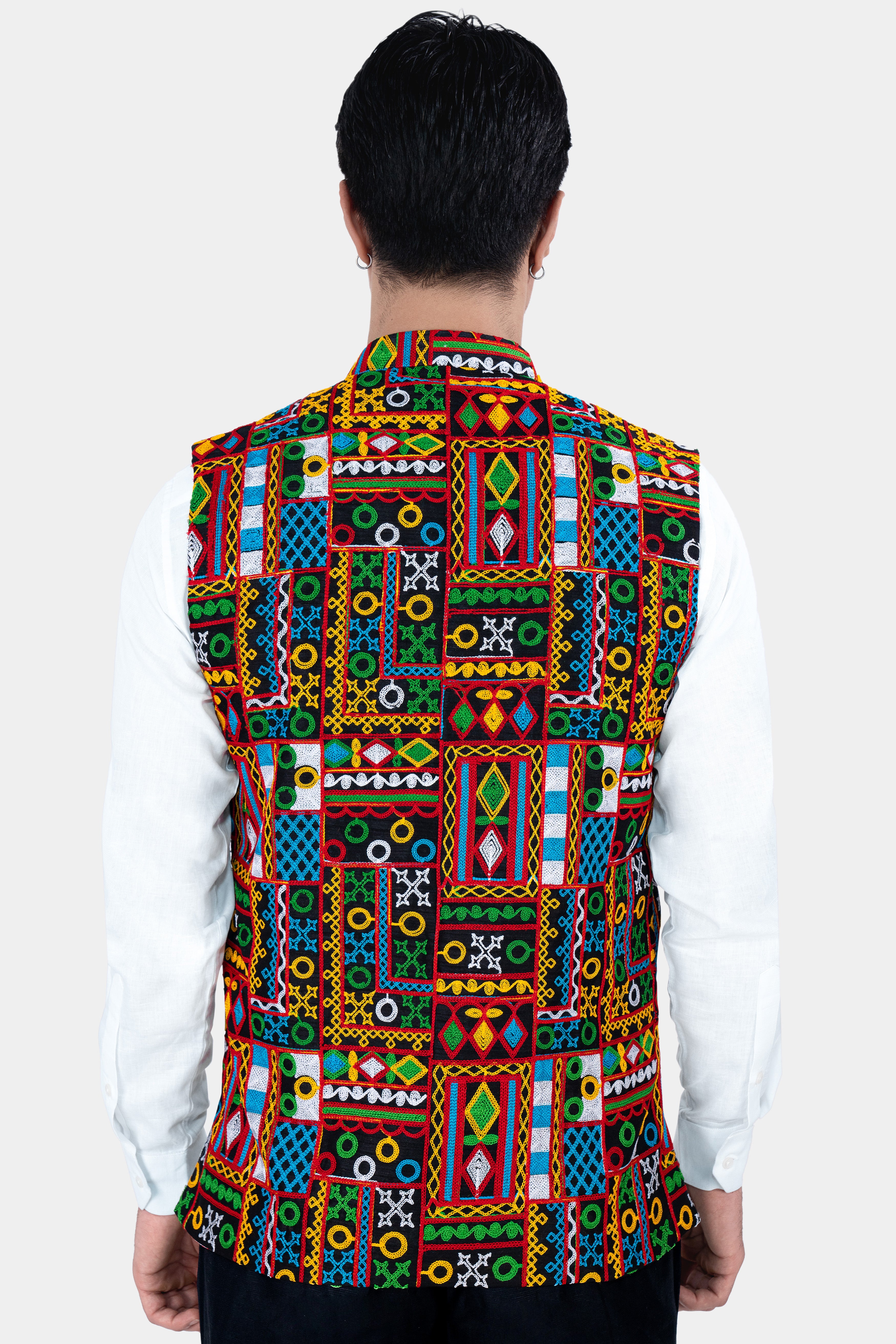 Amber Yellow and Kelly Green Multicolour Cotton Thread Embroidered Nehru Jacket WC2887-36, WC2887-38, WC2887-40, WC2887-42, WC2887-44, WC2887-46, WC2887-48, WC2887-50, WC2887-52, WC2887-54, WC2887-56, WC2887-58, WC2887-60