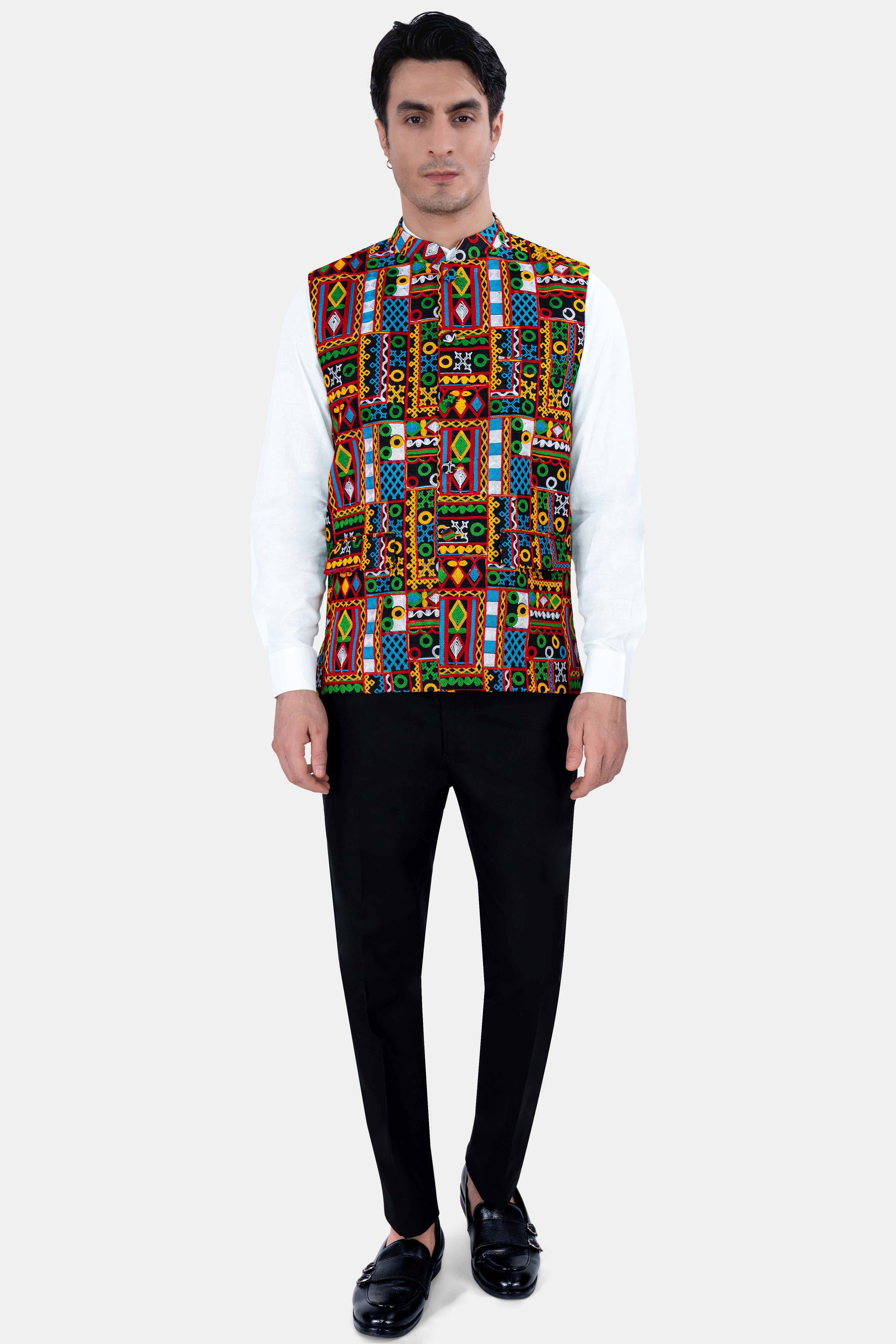 Amber Yellow and Kelly Green Multicolour Cotton Thread Embroidered Nehru Jacket WC2887-36, WC2887-38, WC2887-40, WC2887-42, WC2887-44, WC2887-46, WC2887-48, WC2887-50, WC2887-52, WC2887-54, WC2887-56, WC2887-58, WC2887-60