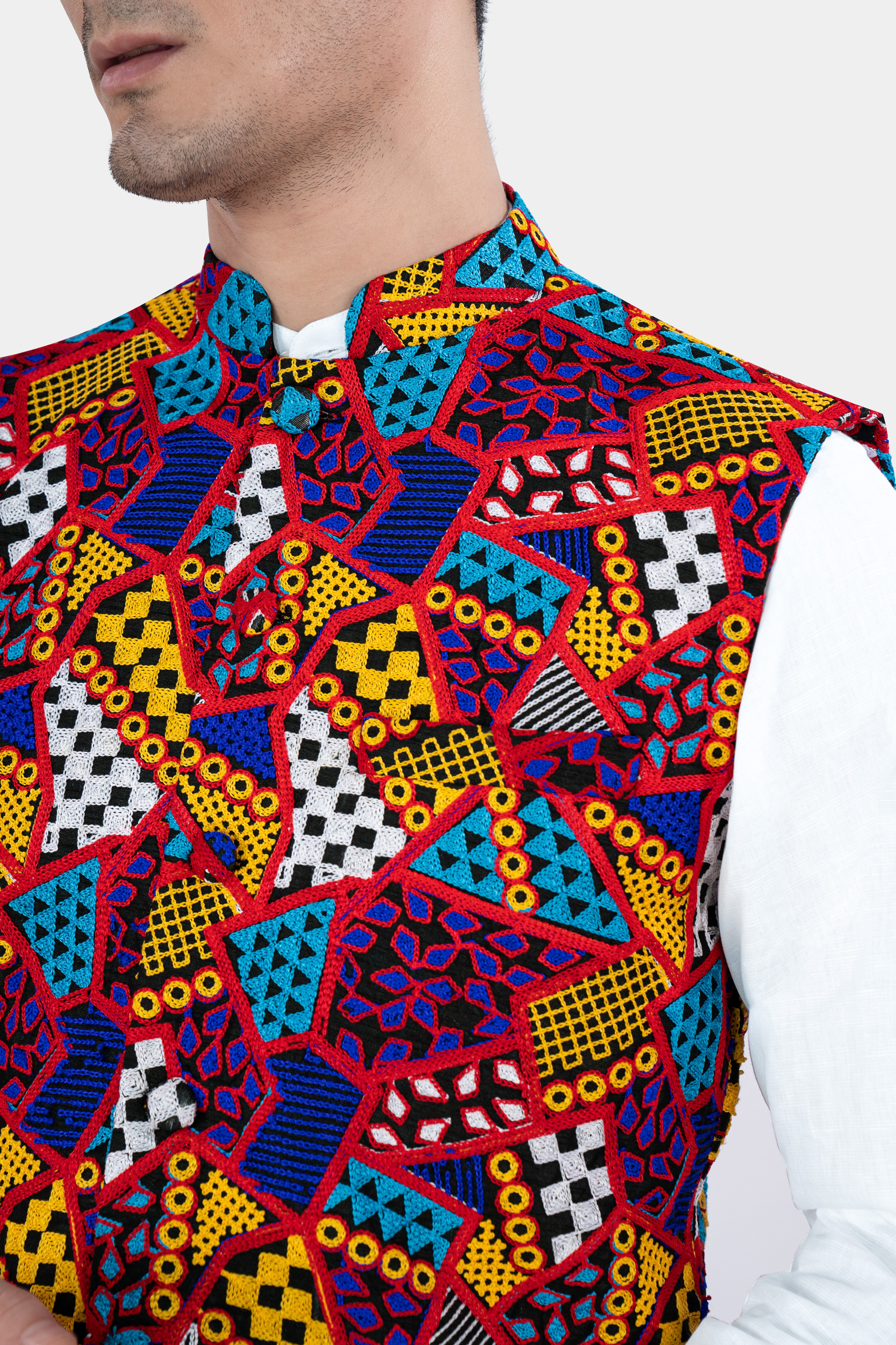 Canray Orange and Catalina Blue Multicolour Cotton Thread Embroidered Nehru Jacket WC2888-36, WC2888-38, WC2888-40, WC2888-42, WC2888-44, WC2888-46, WC2888-48, WC2888-50, WC2888-52, WC2888-54, WC2888-56, WC2888-58, WC2888-60