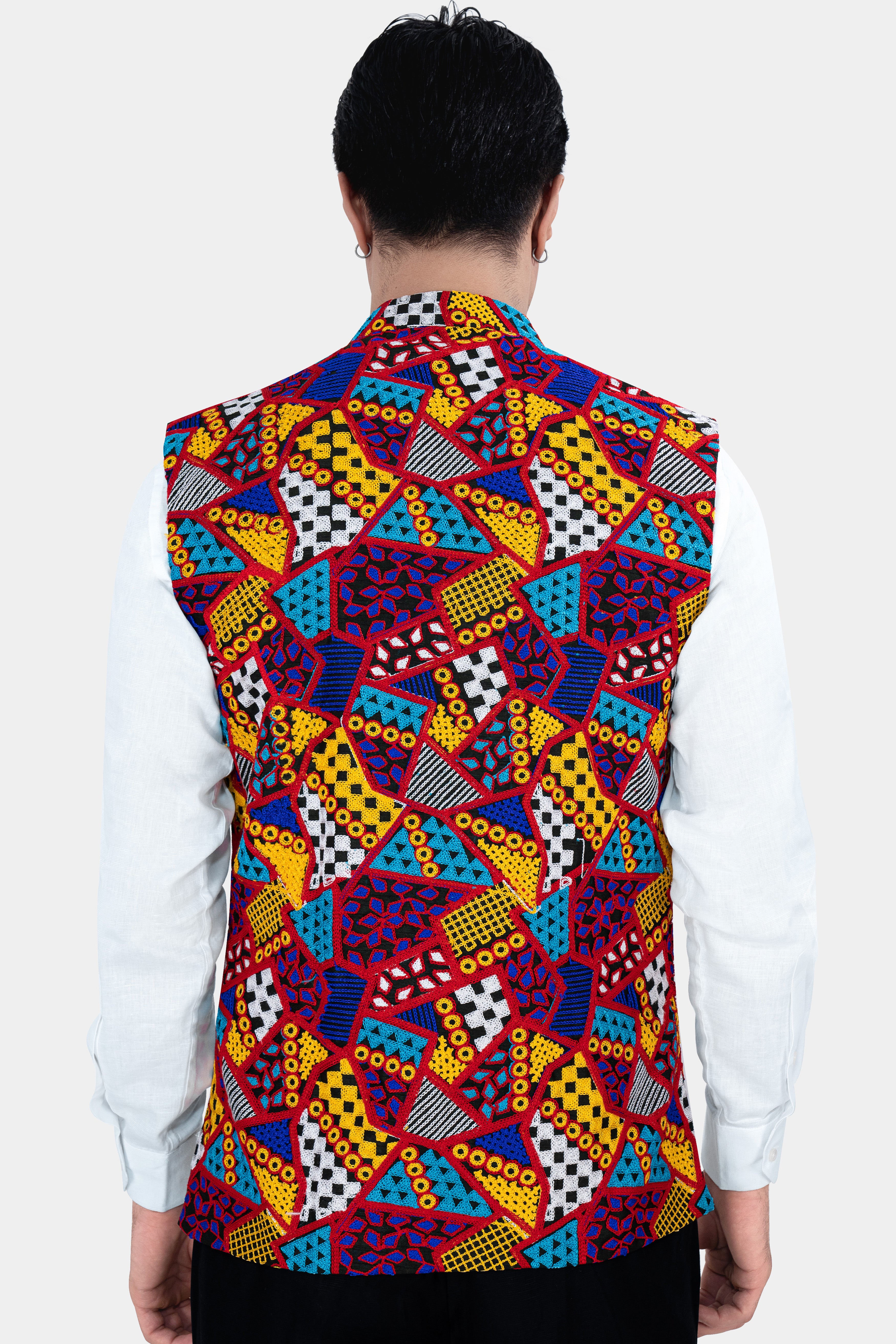 Canray Orange and Catalina Blue Multicolour Cotton Thread Embroidered Nehru Jacket WC2888-36, WC2888-38, WC2888-40, WC2888-42, WC2888-44, WC2888-46, WC2888-48, WC2888-50, WC2888-52, WC2888-54, WC2888-56, WC2888-58, WC2888-60