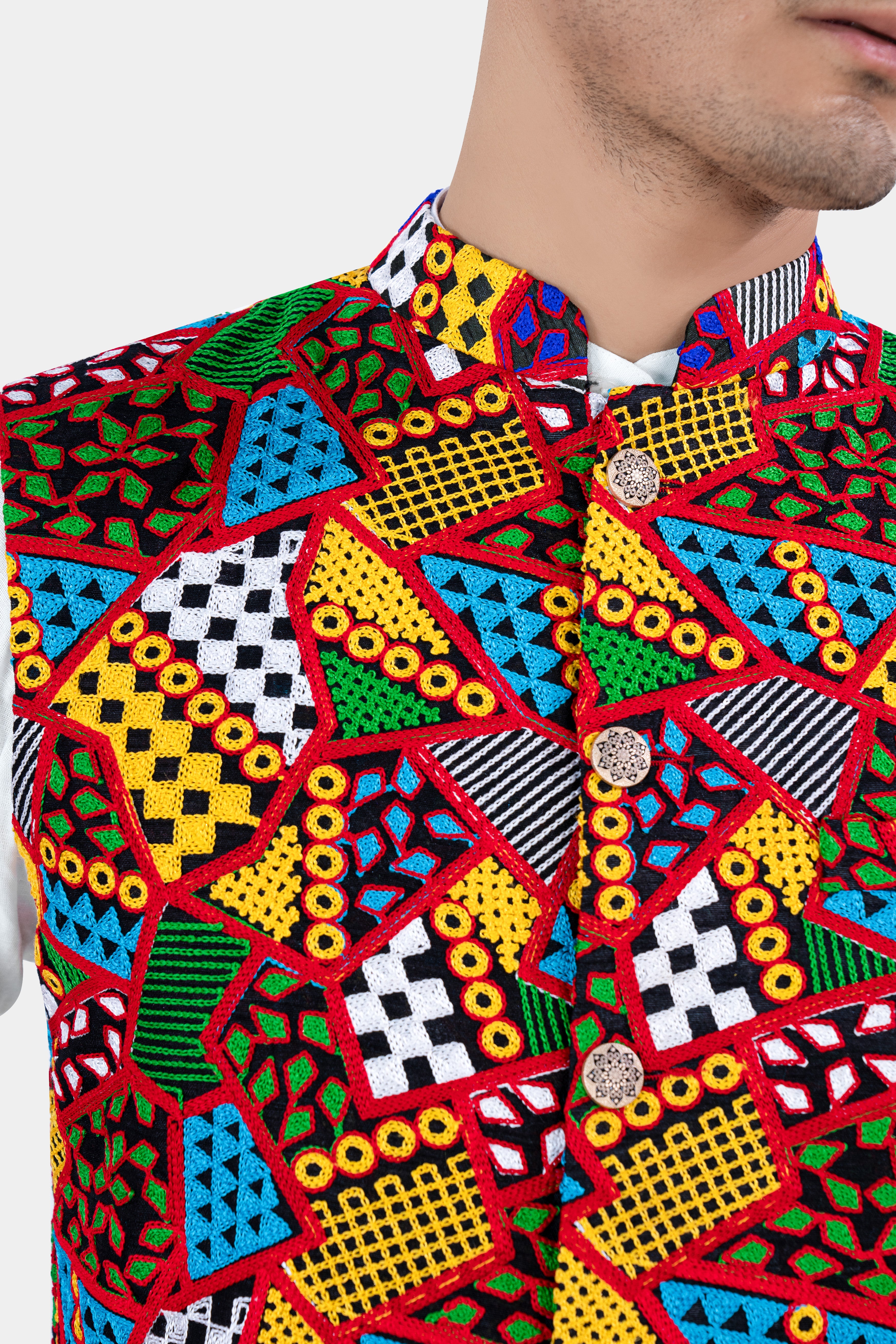 Carnelian Red and Kelly Green Multicolour Cotton Thread Embroidered Nehru Jacket WC2889-36, WC2889-38, WC2889-40, WC2889-42, WC2889-44, WC2889-46, WC2889-48, WC2889-50, WC2889-52, WC2889-54, WC2889-56, WC2889-58, WC2889-60