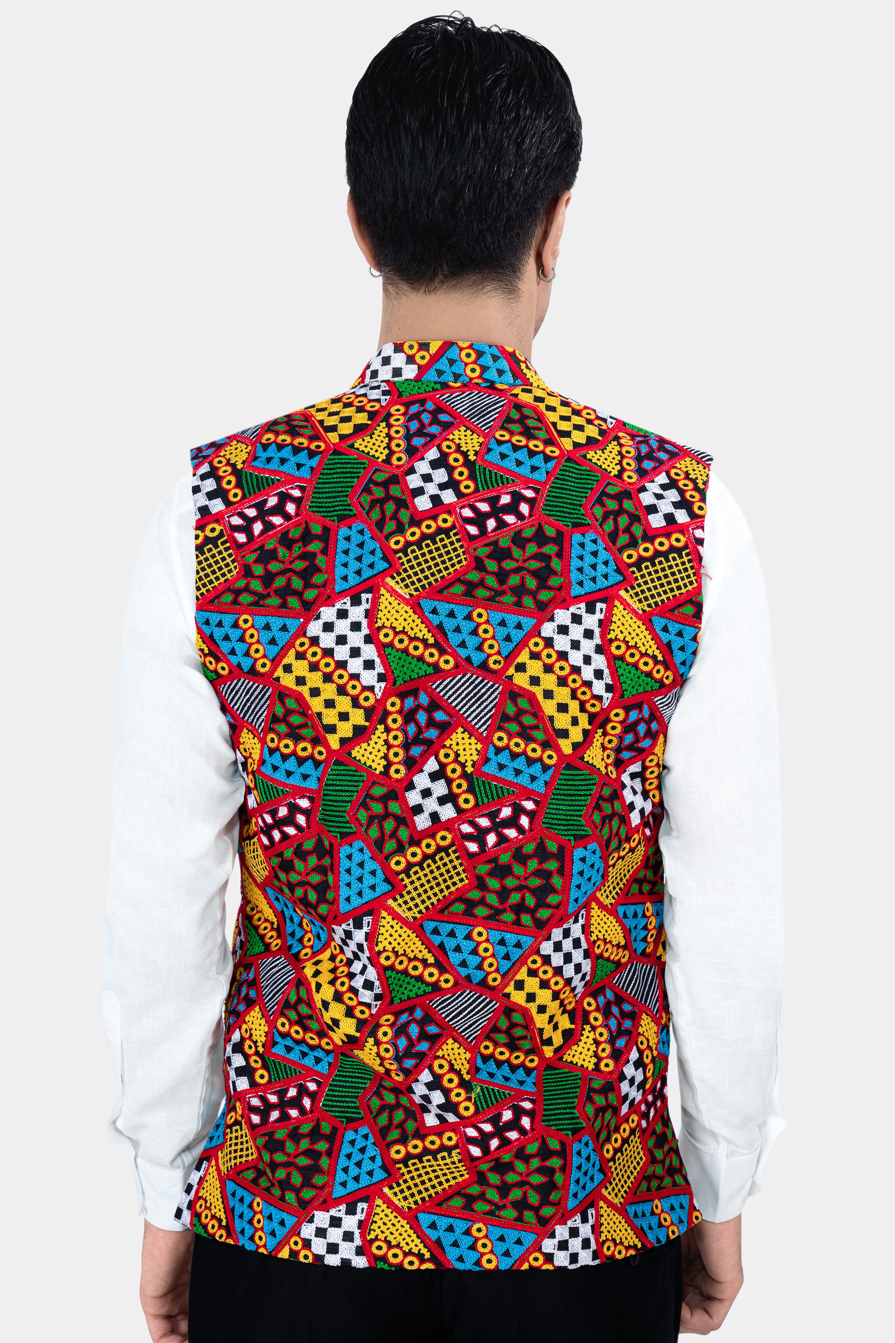 Carnelian Red and Kelly Green Multicolour Cotton Thread Embroidered Nehru Jacket WC2889-36, WC2889-38, WC2889-40, WC2889-42, WC2889-44, WC2889-46, WC2889-48, WC2889-50, WC2889-52, WC2889-54, WC2889-56, WC2889-58, WC2889-60