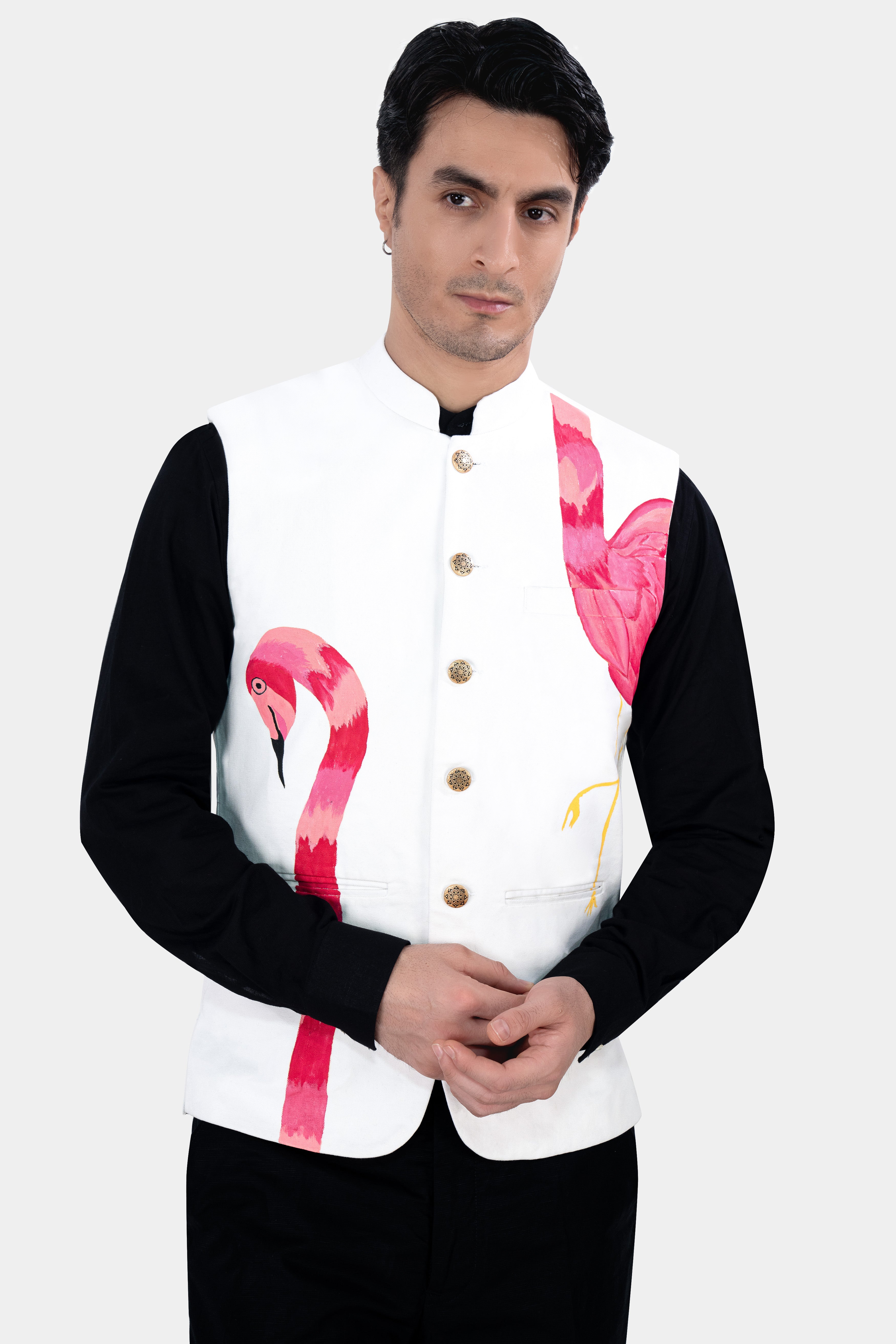 Bright White Swan Hand Painted Premium Cotton Designer Nehru Jacket WC2891-ART-36, WC2891-ART-38, WC2891-ART-40, WC2891-ART-42, WC2891-ART-44, WC2891-ART-46, WC2891-ART-48, WC2891-ART-50, WC2891-ART-52, WC2891-ART-54, WC2891-ART-56, WC2891-ART-58, WC2891-ART-60