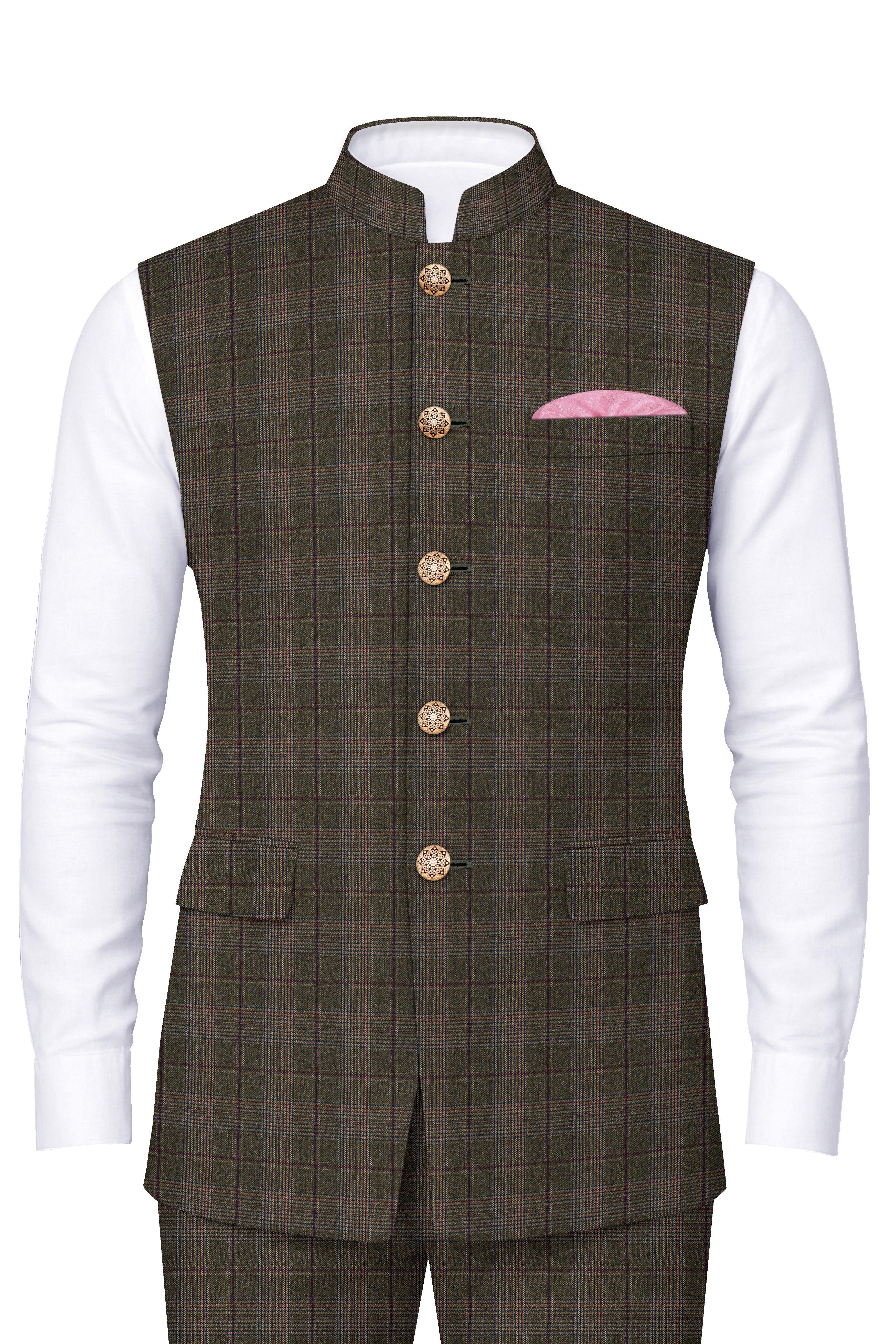 Fuscous Gray and Bistre Brown Plaid Wool Rich Nehru Jacket