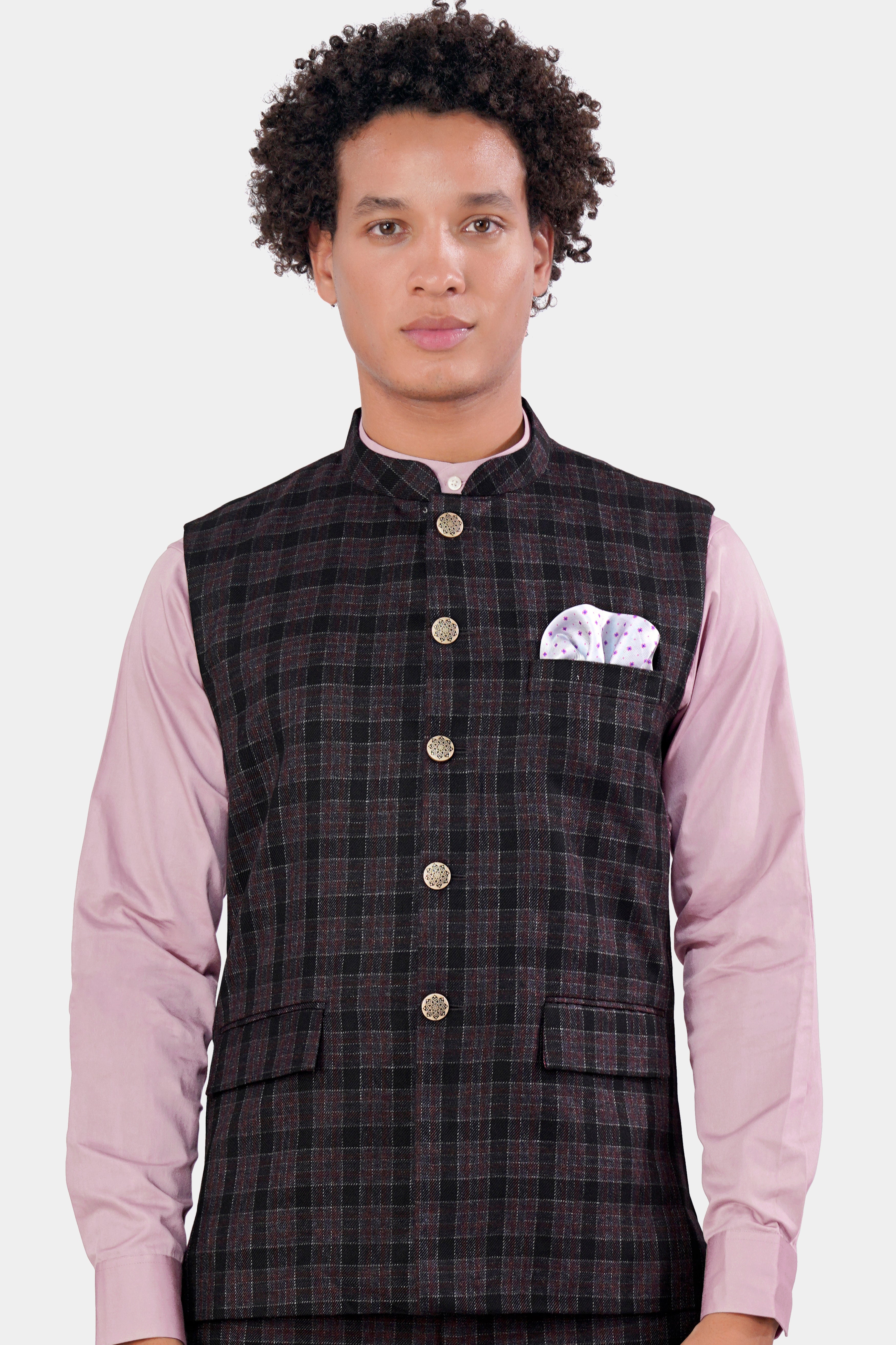 Byzantium Pink and Black Tweed Plaid Nehru Jacket WC2963-36, WC2963-38, WC2963-40, WC2963-42, WC2963-44, WC2963-46, WC2963-48, WC2963-50, WC2963-52, WC2963-54, WC2963-56, WC2963-58, WC2963-60