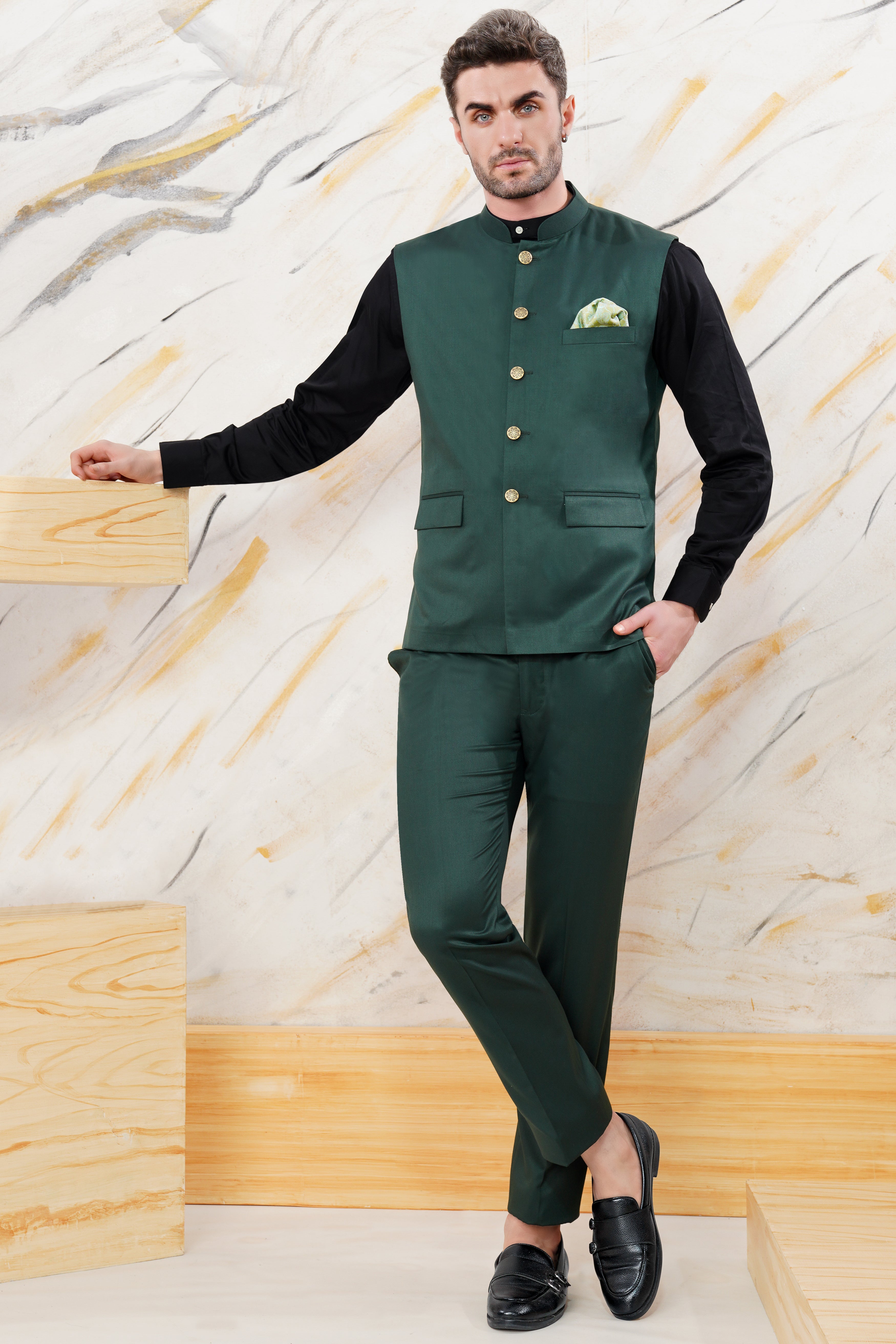 Gable Green Wool Rich Nehru Jacket WC3051-36, WC3051-38, WC3051-40, WC3051-42, WC3051-44, WC3051-46, WC3051-48, WC3051-50, WC3051-52, WC3051-54, WC3051-56, WC3051-58, WC3051-60