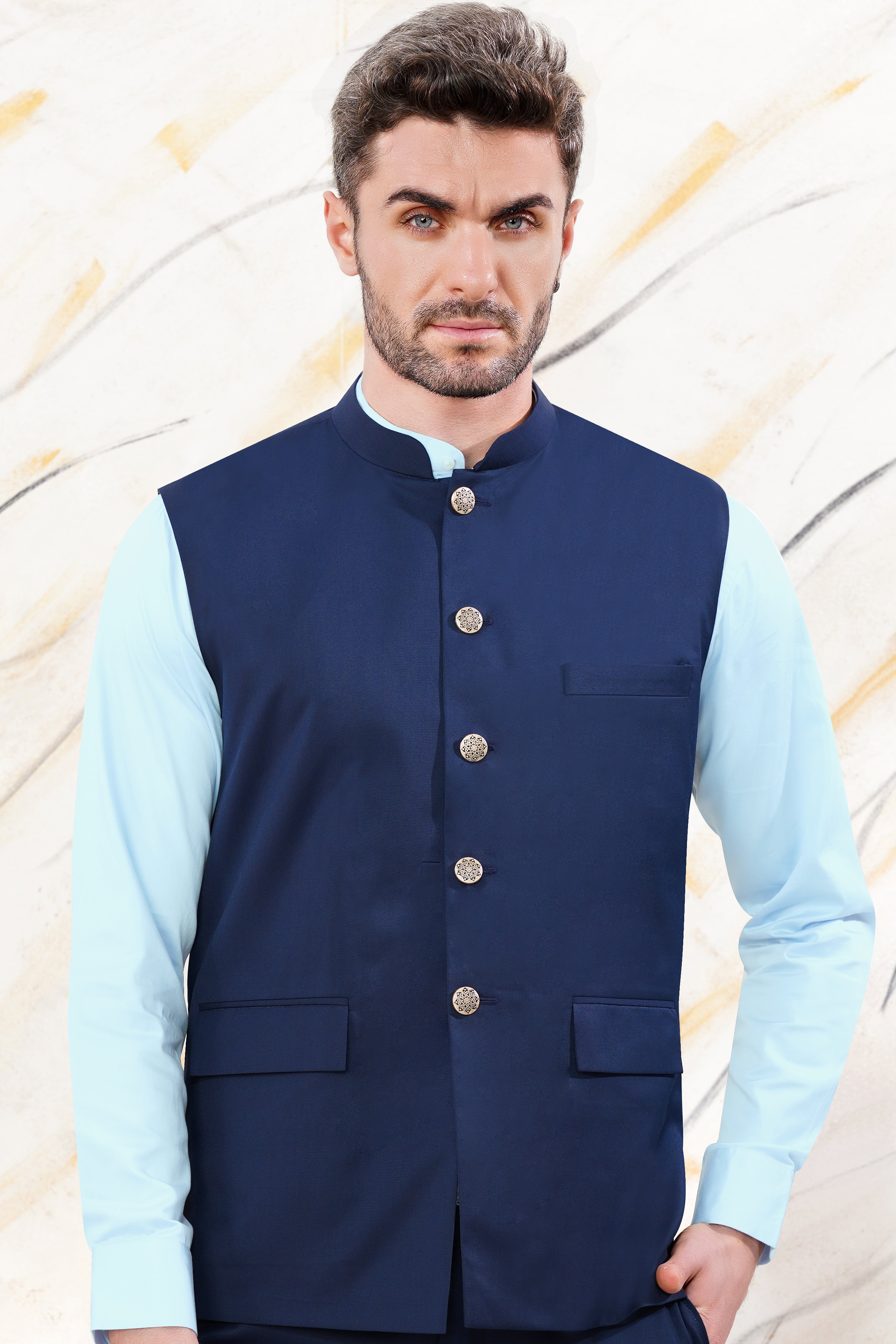 Cloud Burst Blue Wool Rich Nehru Jacket WC3061-36, WC3061-38, WC3061-40, WC3061-42, WC3061-44, WC3061-46, WC3061-48, WC3061-50, WC3061-52, WC3061-54, WC3061-56, WC3061-58, WC3061-60