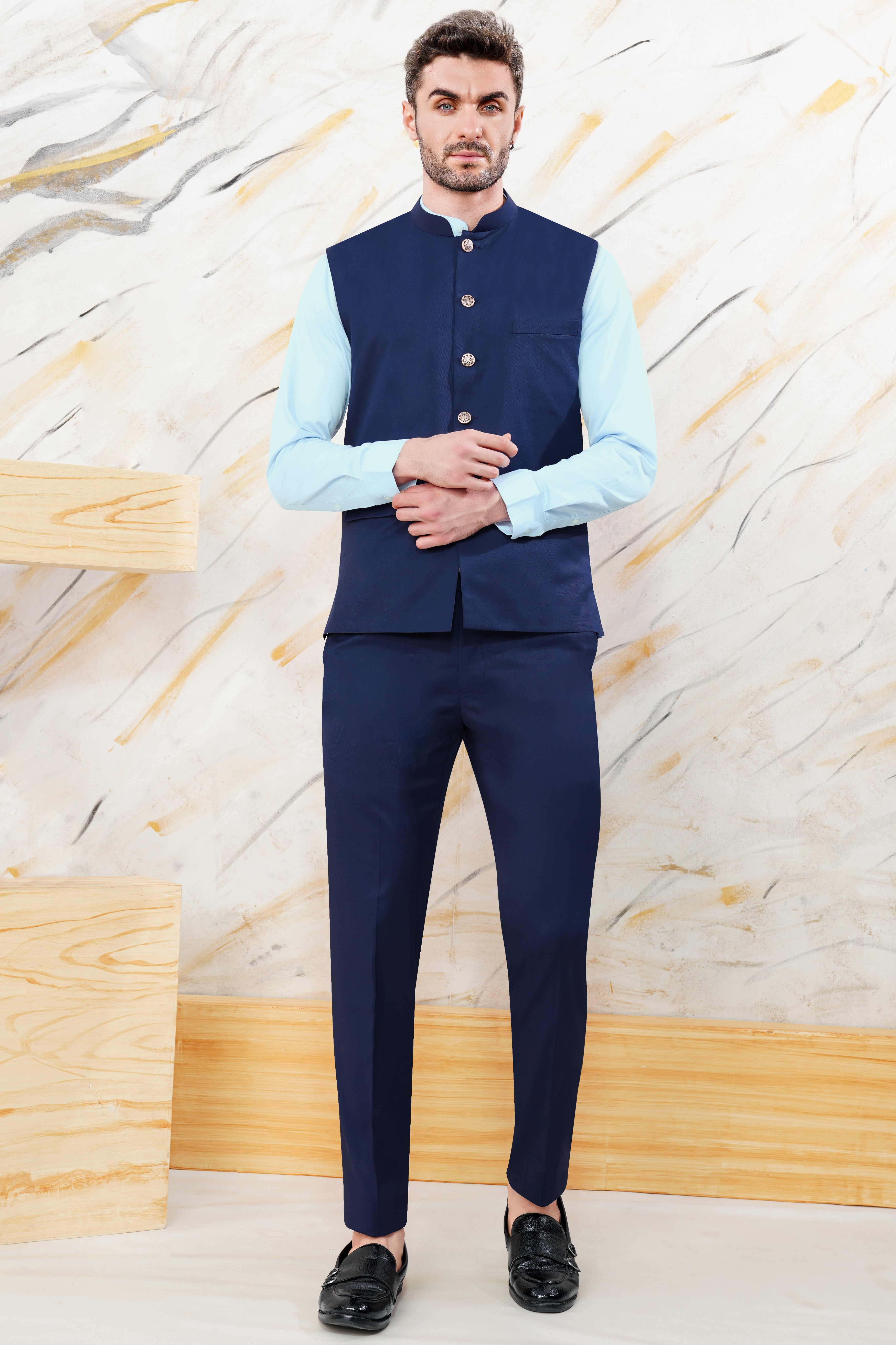 Cloud Burst Blue Wool Rich Nehru Jacket WC3061-36, WC3061-38, WC3061-40, WC3061-42, WC3061-44, WC3061-46, WC3061-48, WC3061-50, WC3061-52, WC3061-54, WC3061-56, WC3061-58, WC3061-60