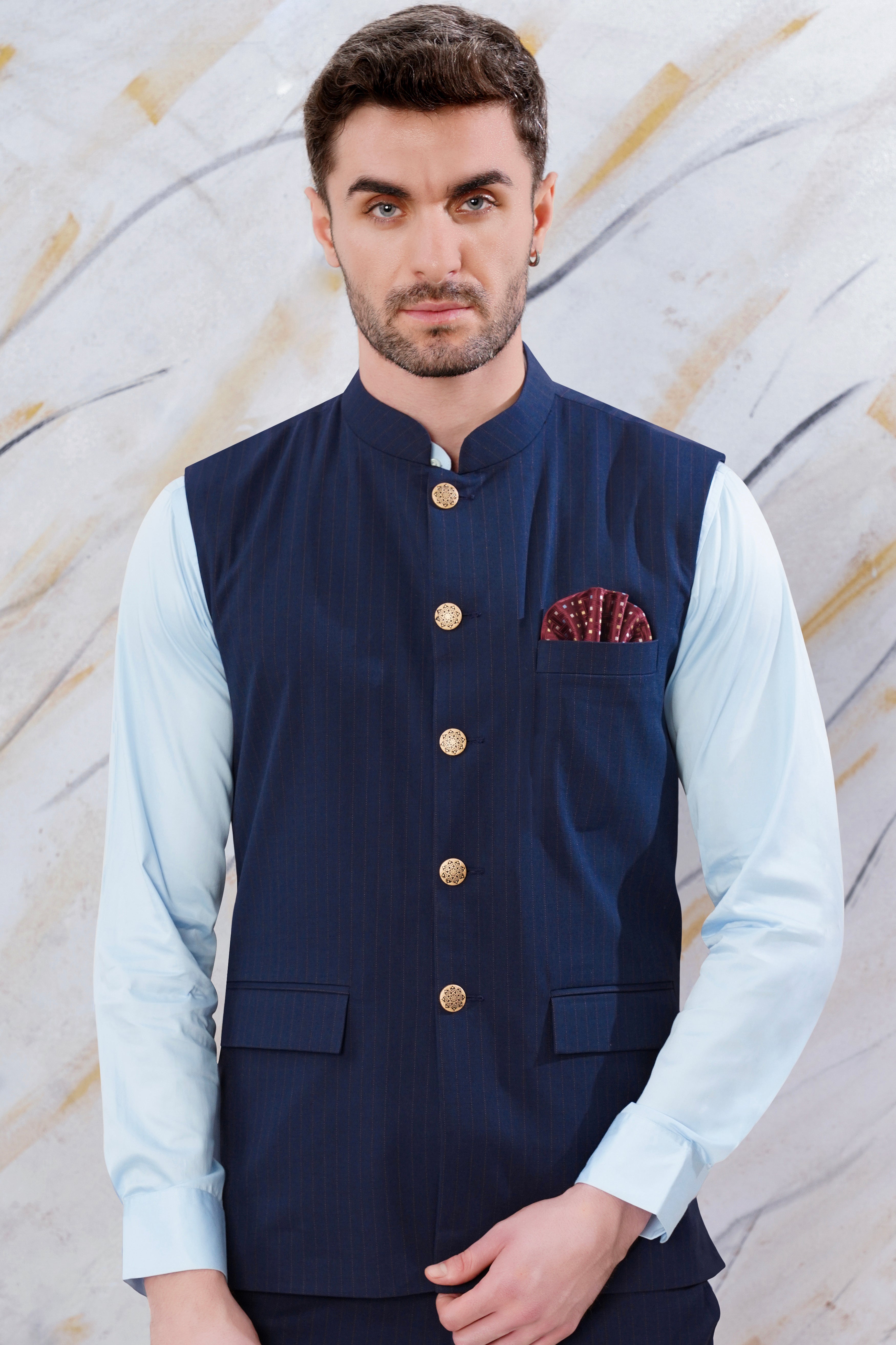 Ebony Clay Blue Striped Wool Rich Bandhgala Nehru Jacket