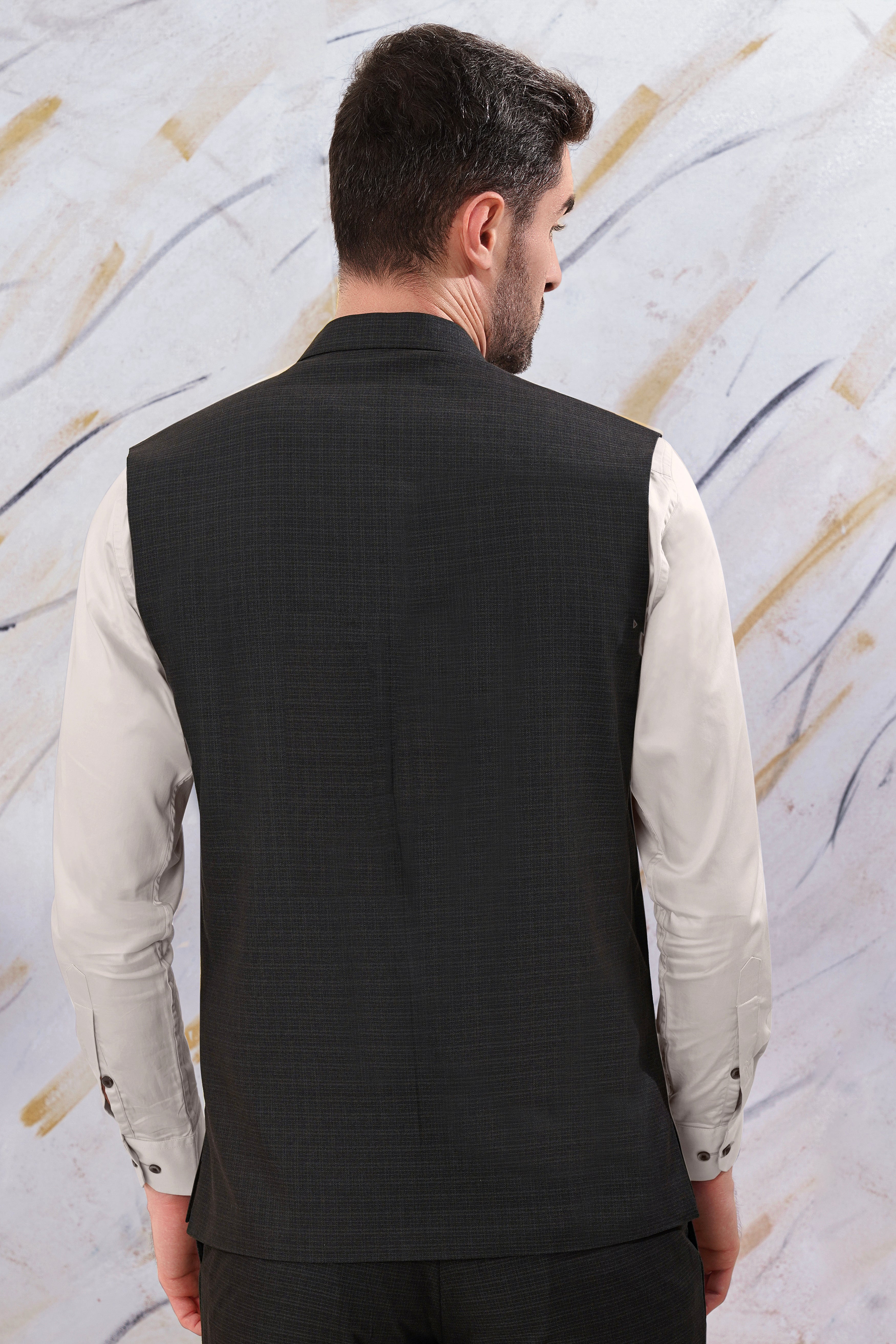 Zeus Black Subtle Checkered Wool Rich Nehru Jacket