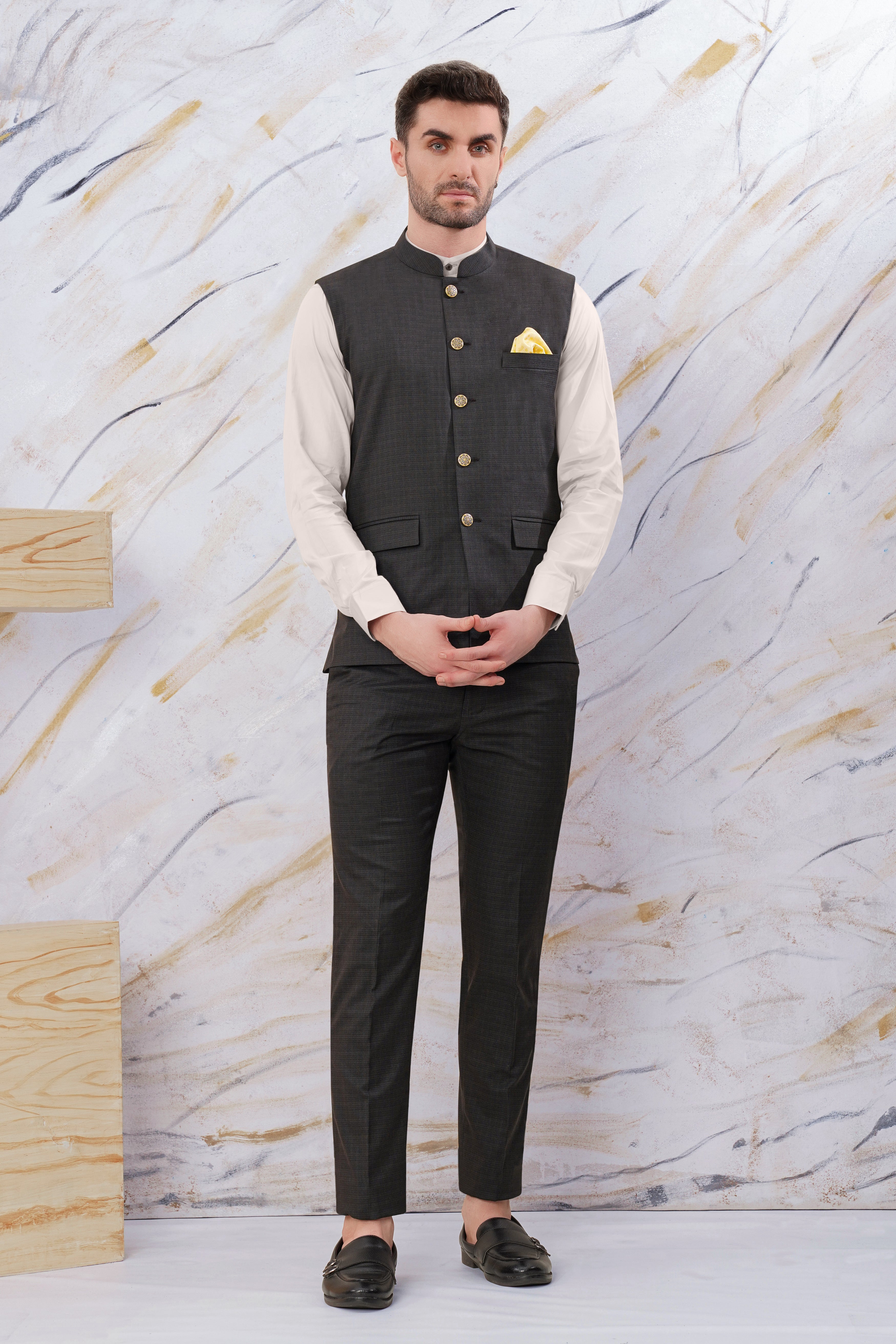 Zeus Black Subtle Checkered Wool Rich Nehru Jacket