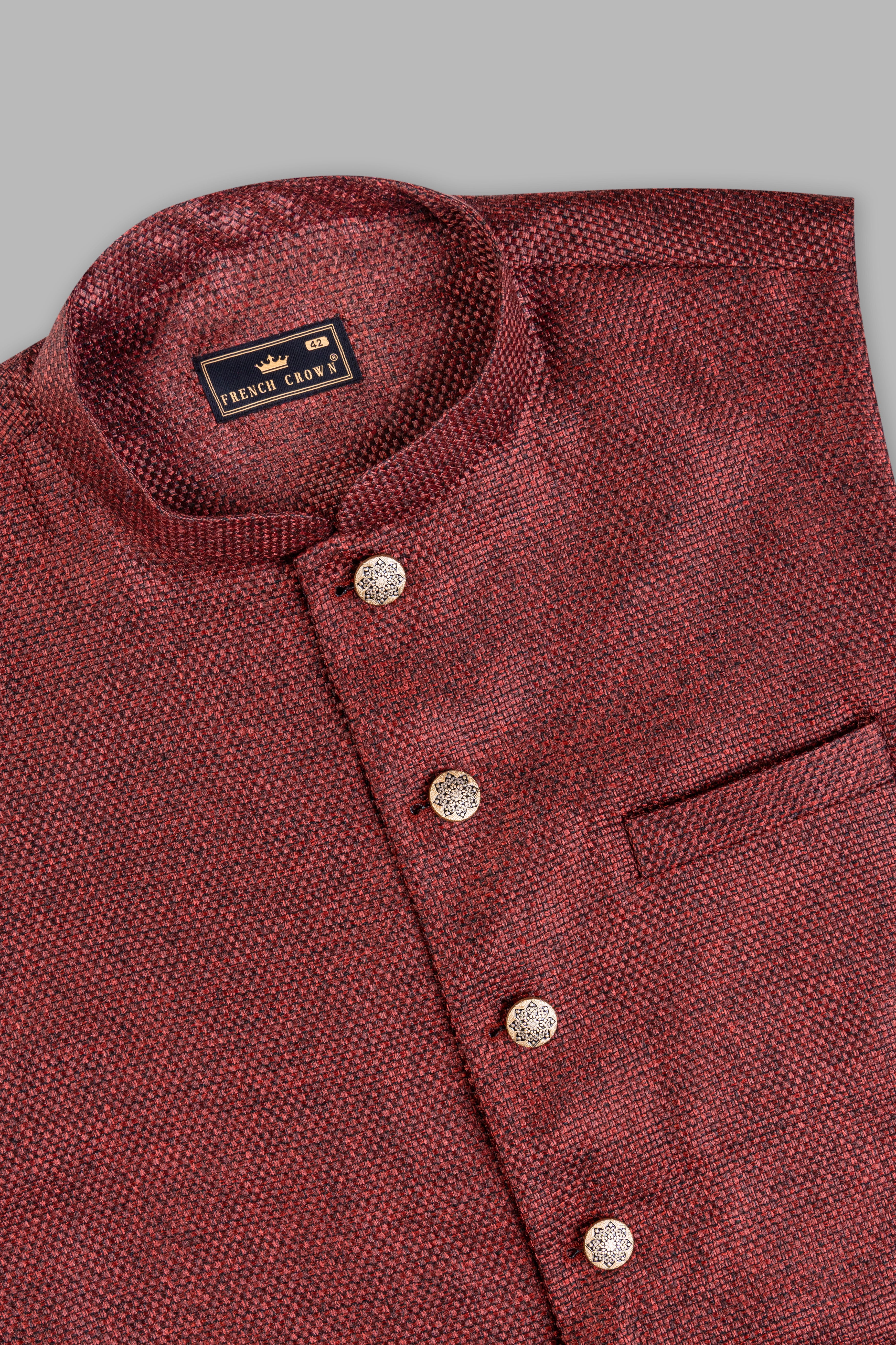 Merlot Red Textured Nehru Jacket