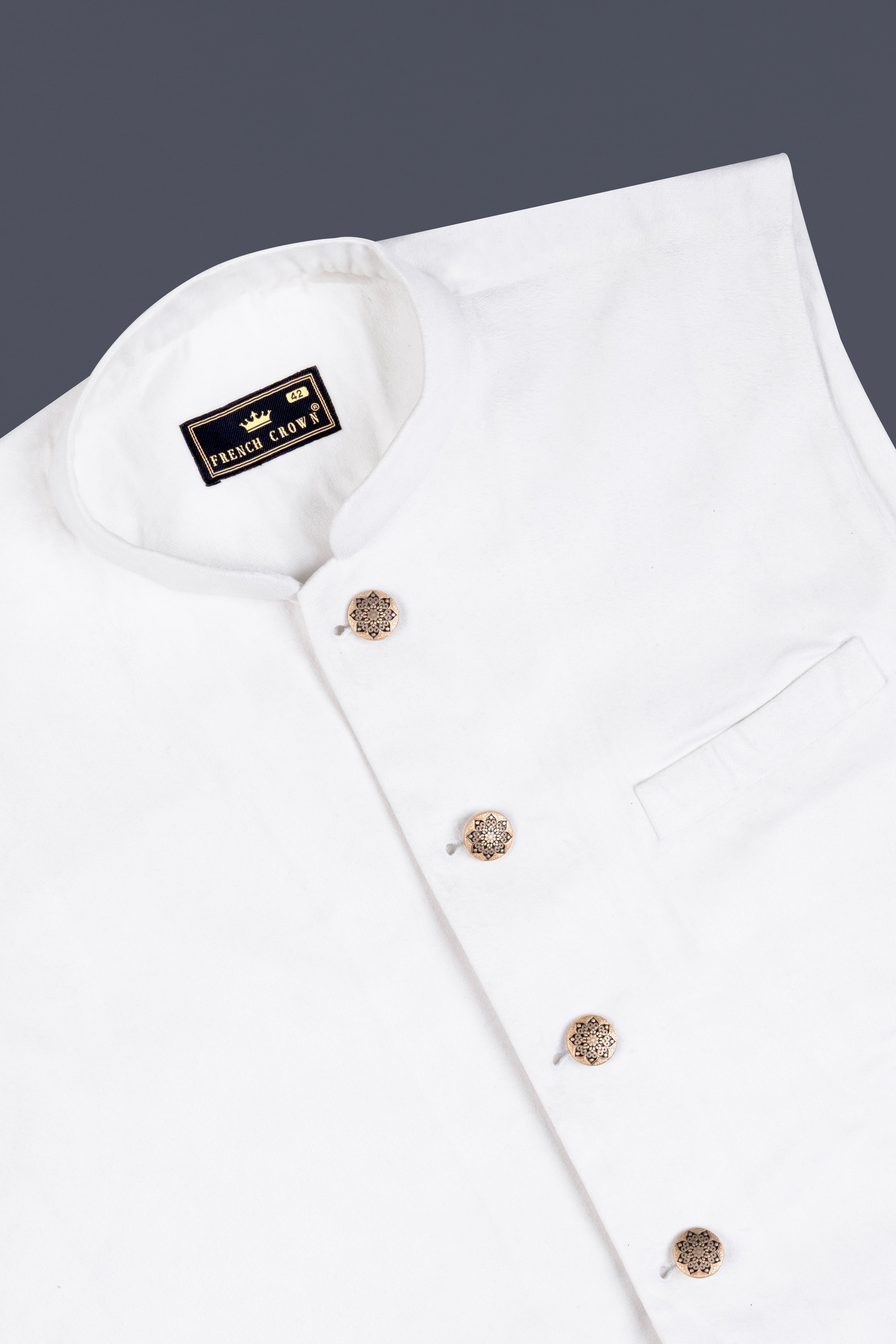 Bright White Velvet Nehru Jacket WC3164-36, WC3164-38, WC3164-40, WC3164-42, WC3164-44, WC3164-46, WC3164-48, WC3164-50, WC3164-52, WC3164-54, WC3164-56, WC3164-58, WC3164-60