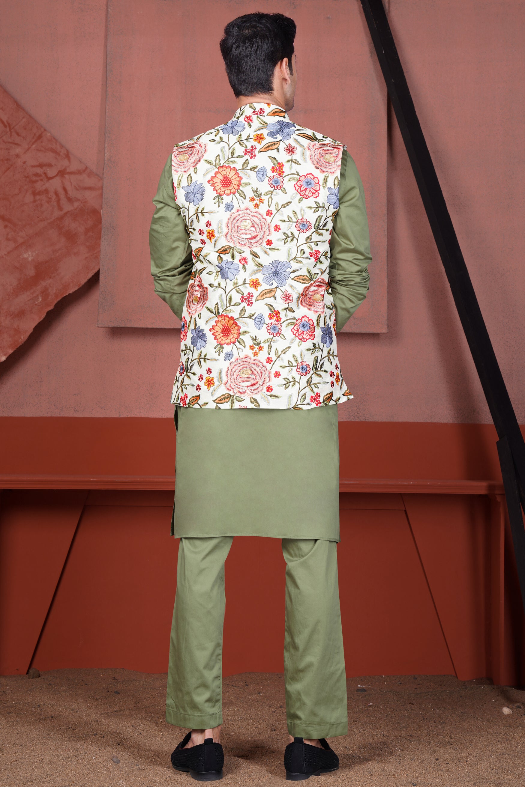Bright White Multi Color Floral Cotton Thread Embroidered Nehru Jacket