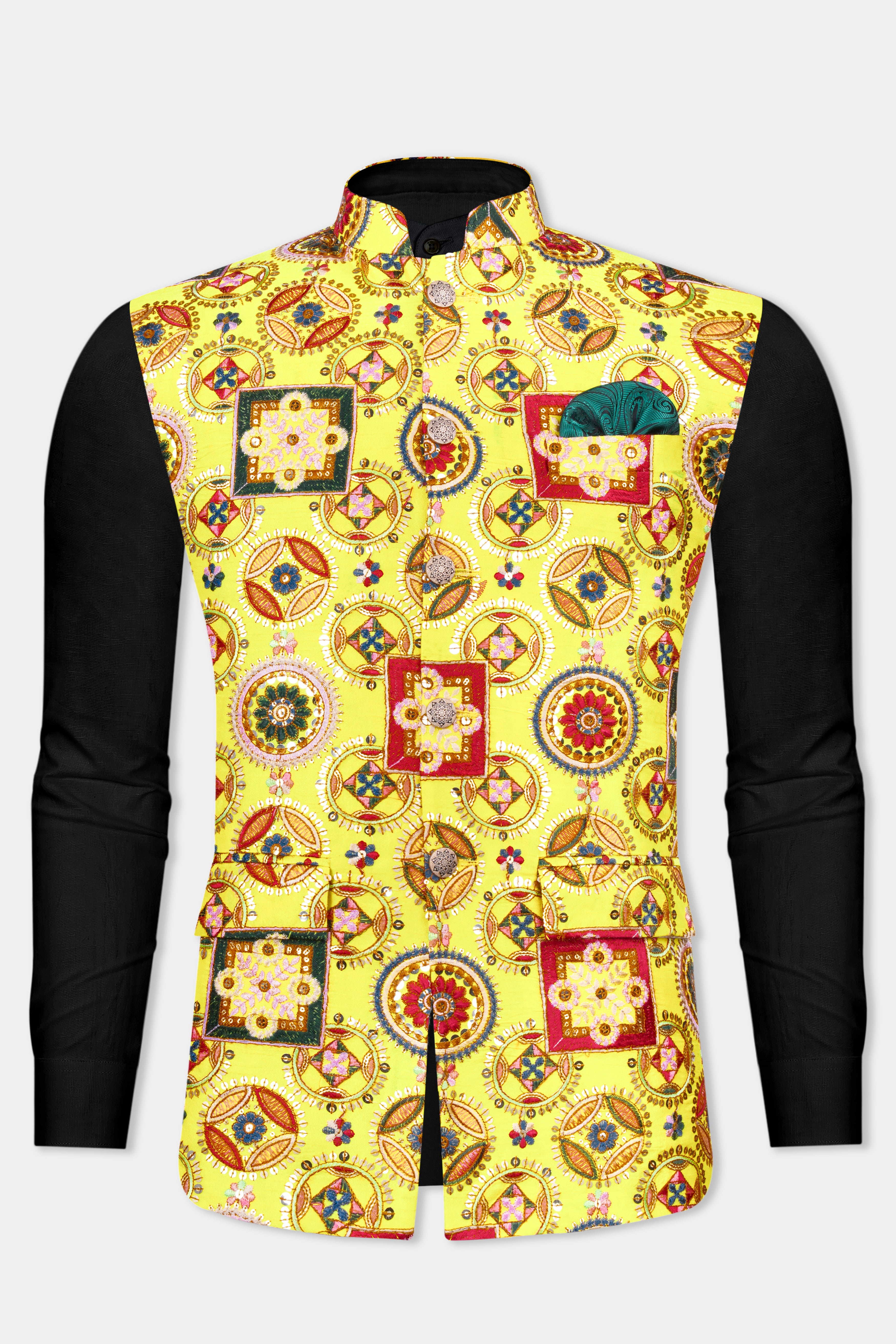 Custard Yellow Multicolour Cotton Thread Embroidered Designer Nehru Jacket