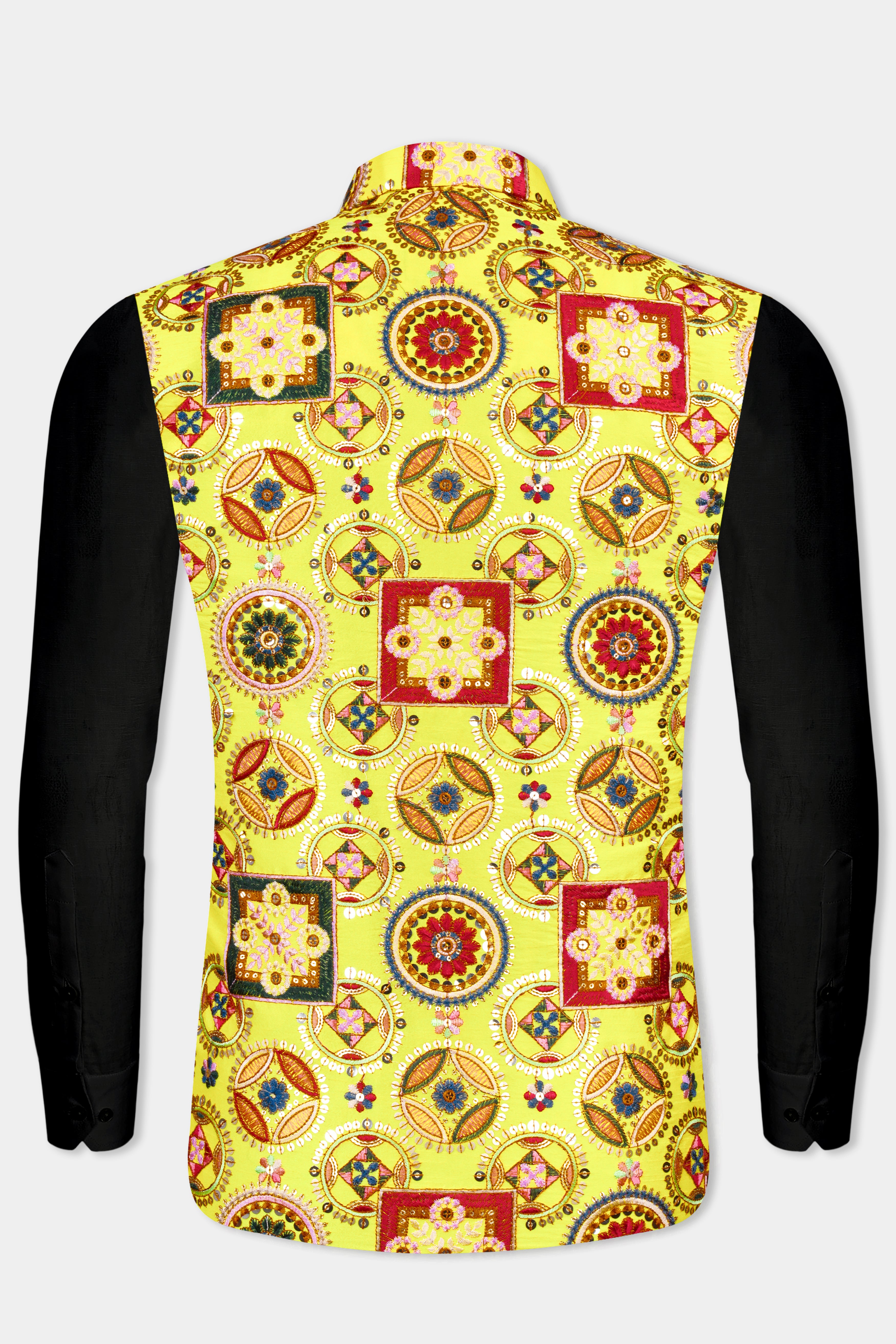 Custard Yellow Multicolour Cotton Thread Embroidered Designer Nehru Jacket