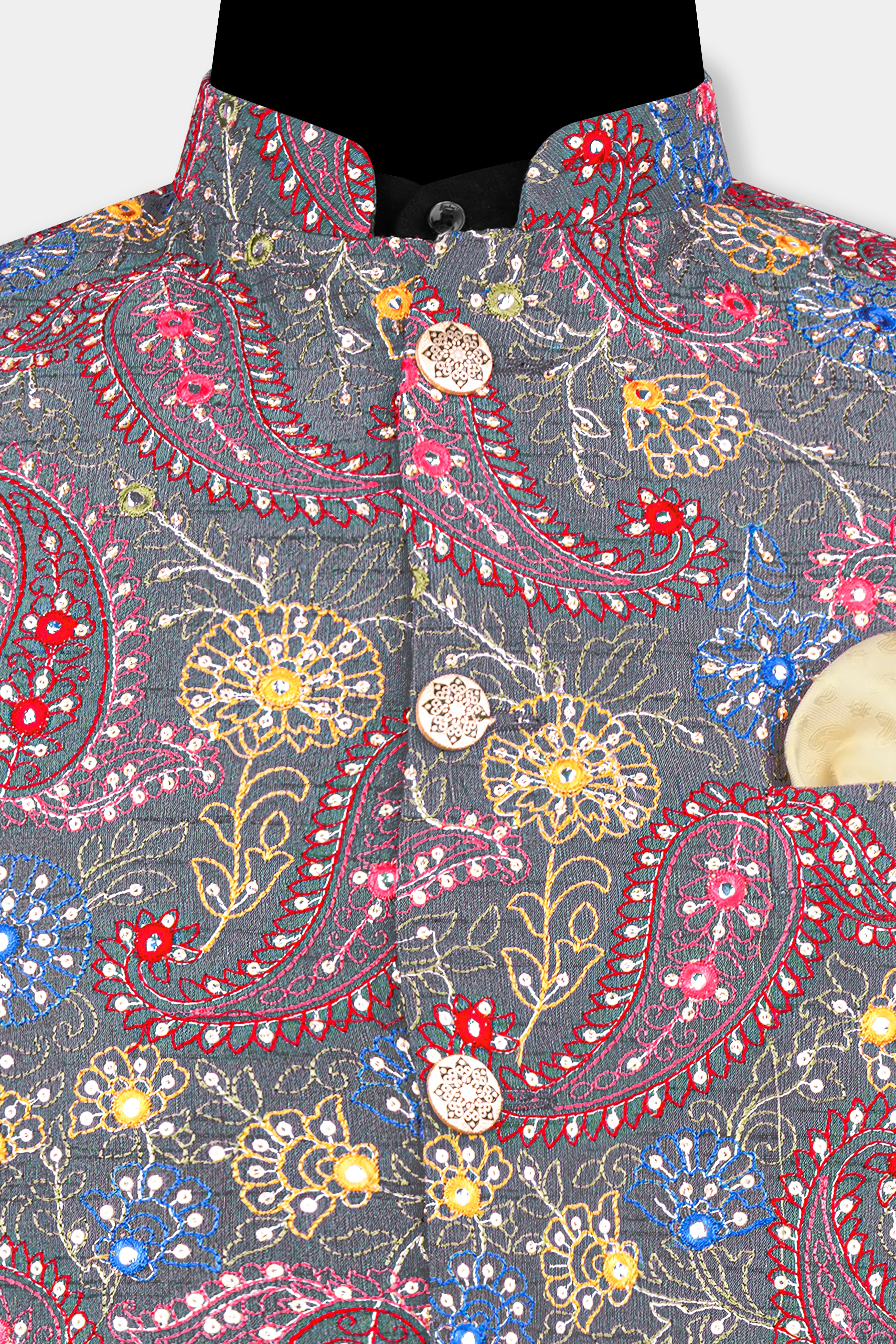 Nickel Gray and Brink Pink Paisley Cotton Thread Embroidered Designer Nehru Jacket