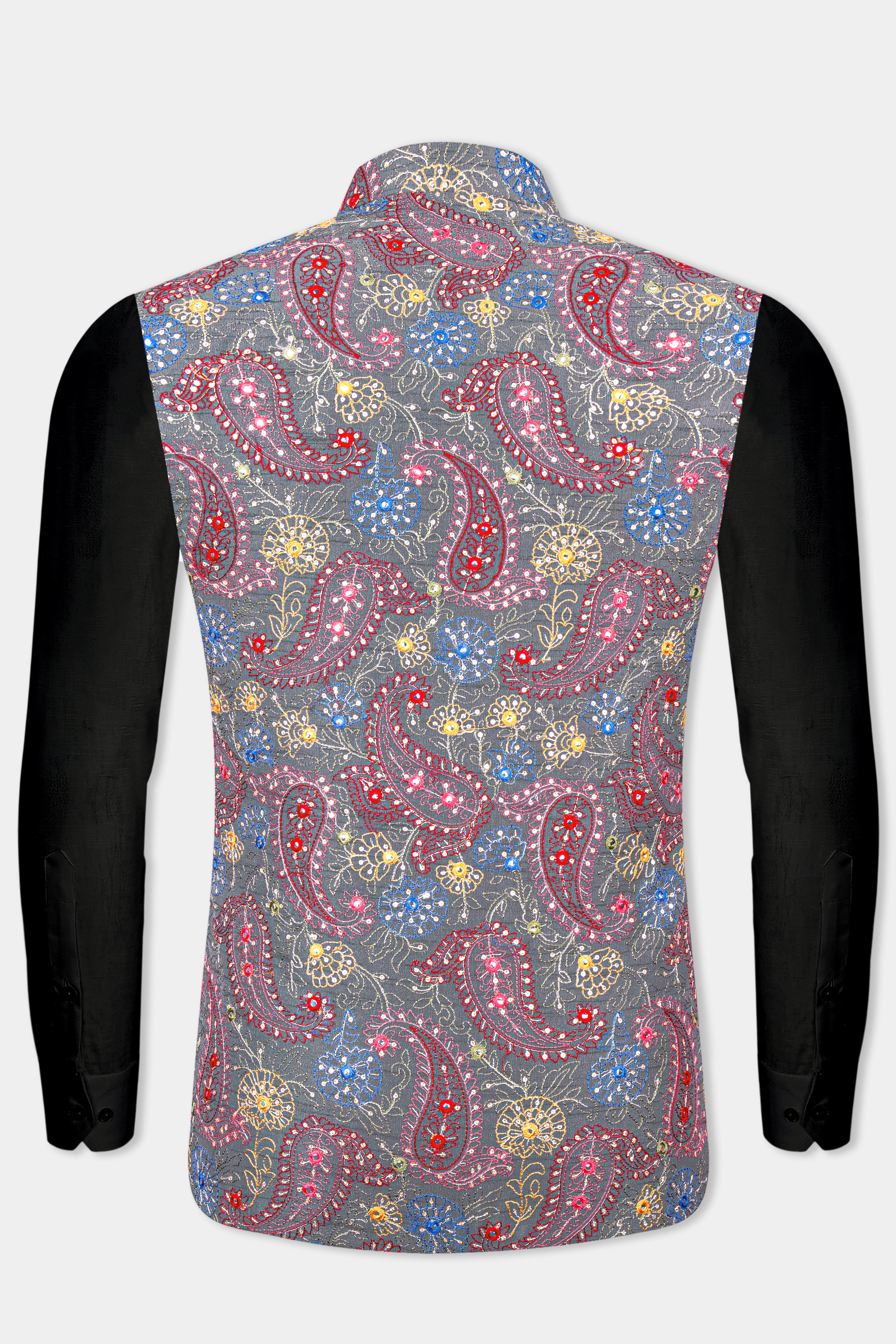Nickel Gray and Brink Pink Paisley Cotton Thread Embroidered Designer Nehru Jacket