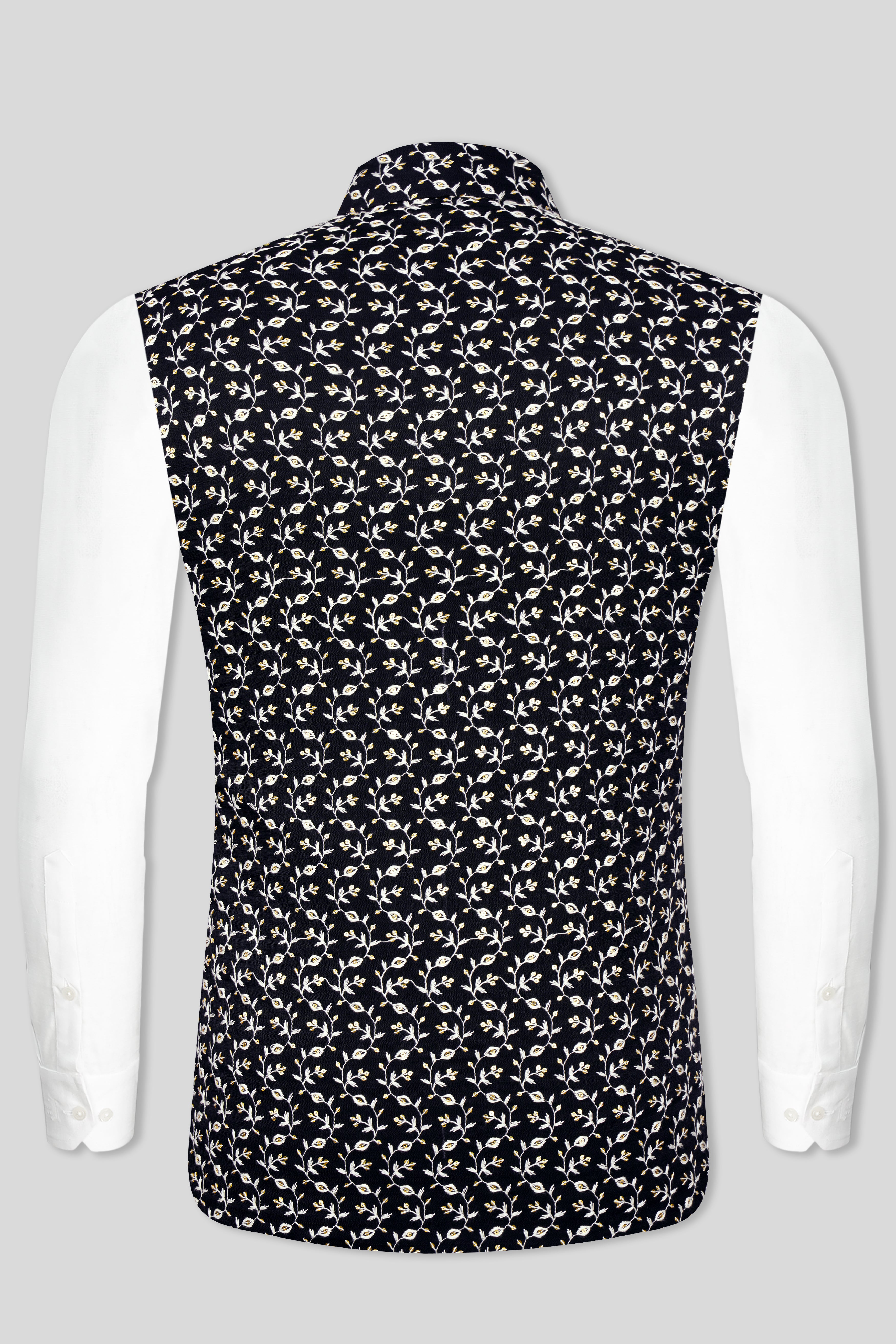 Jade Black Ditsy Pattern Thread and Sequin Embroidered Designer Viscose Nehru Jacket