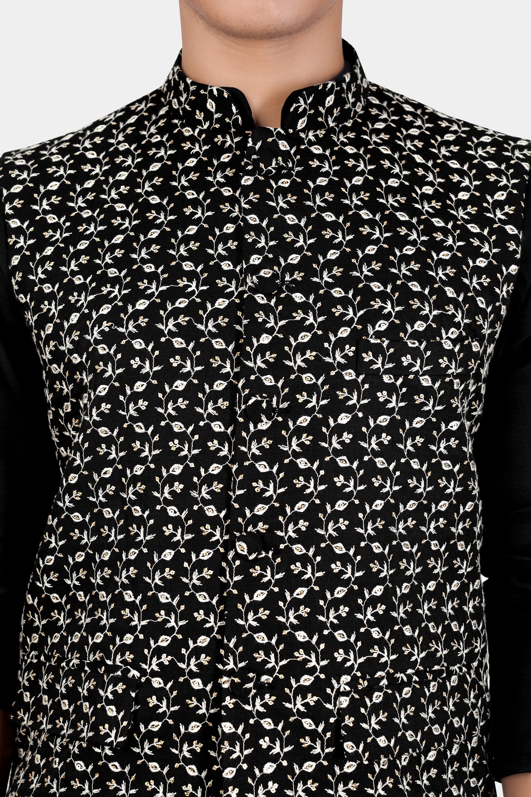 Jade Black Ditsy Pattern Thread and Sequin Embroidered Designer Viscose Nehru Jacket