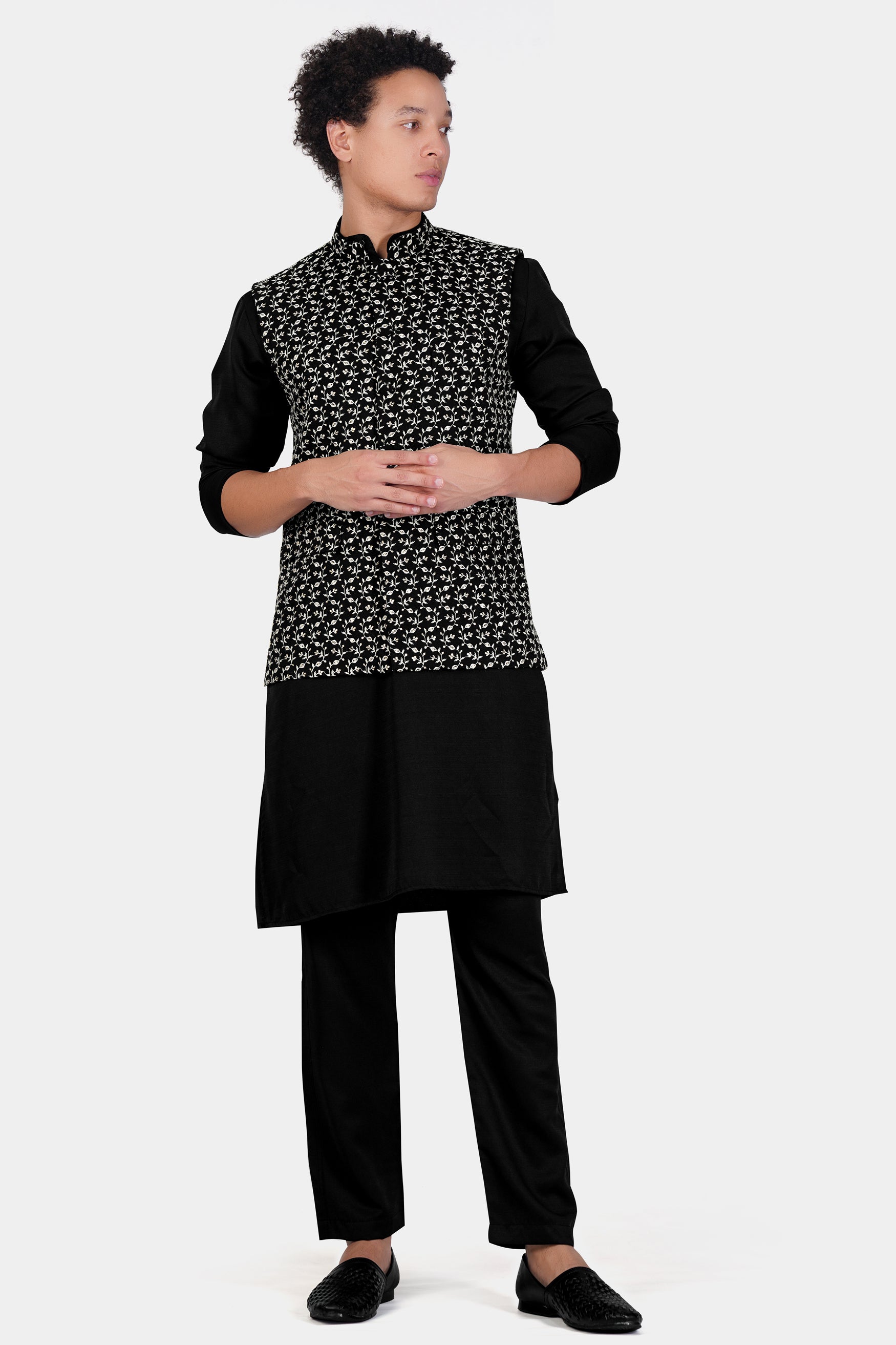 Jade Black Ditsy Pattern Thread and Sequin Embroidered Designer Viscose Nehru Jacket