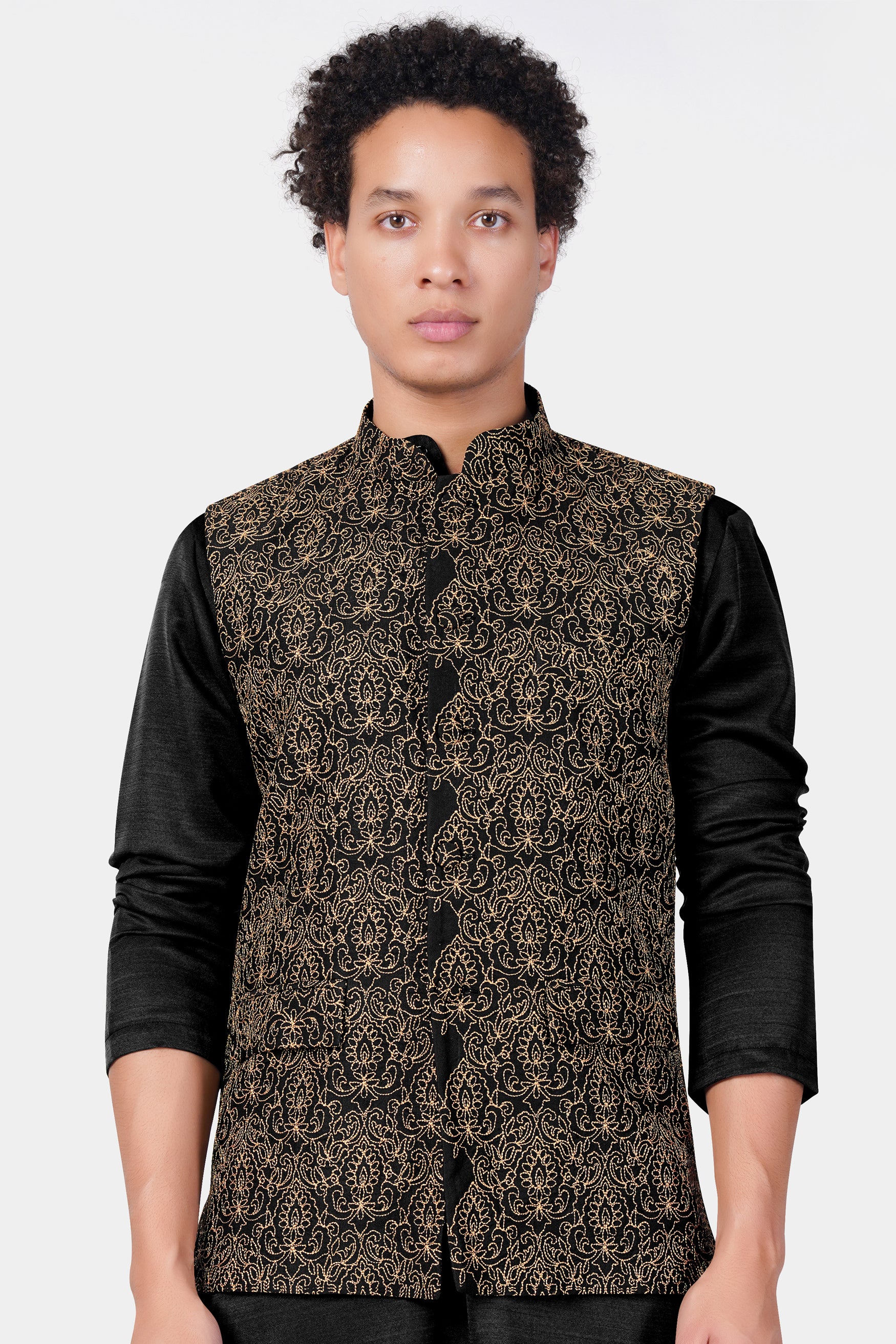 Jade Black Thread Embroidered Designer Viscose Nehru Jacket