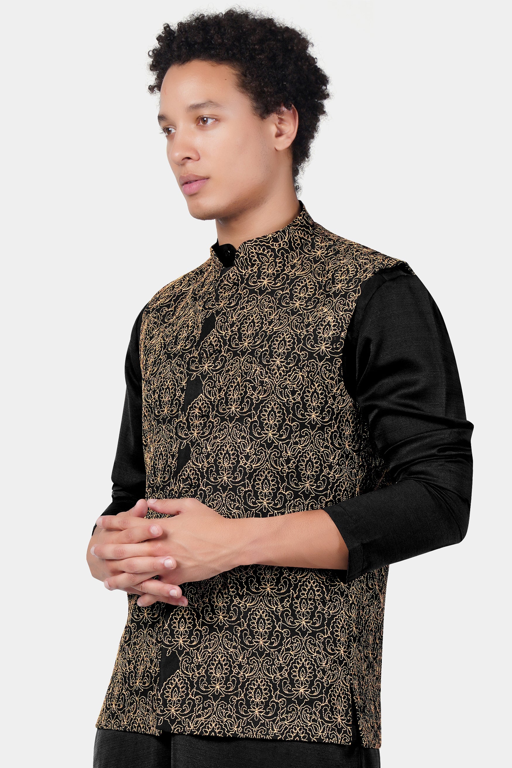 Jade Black Thread Embroidered Designer Viscose Nehru Jacket