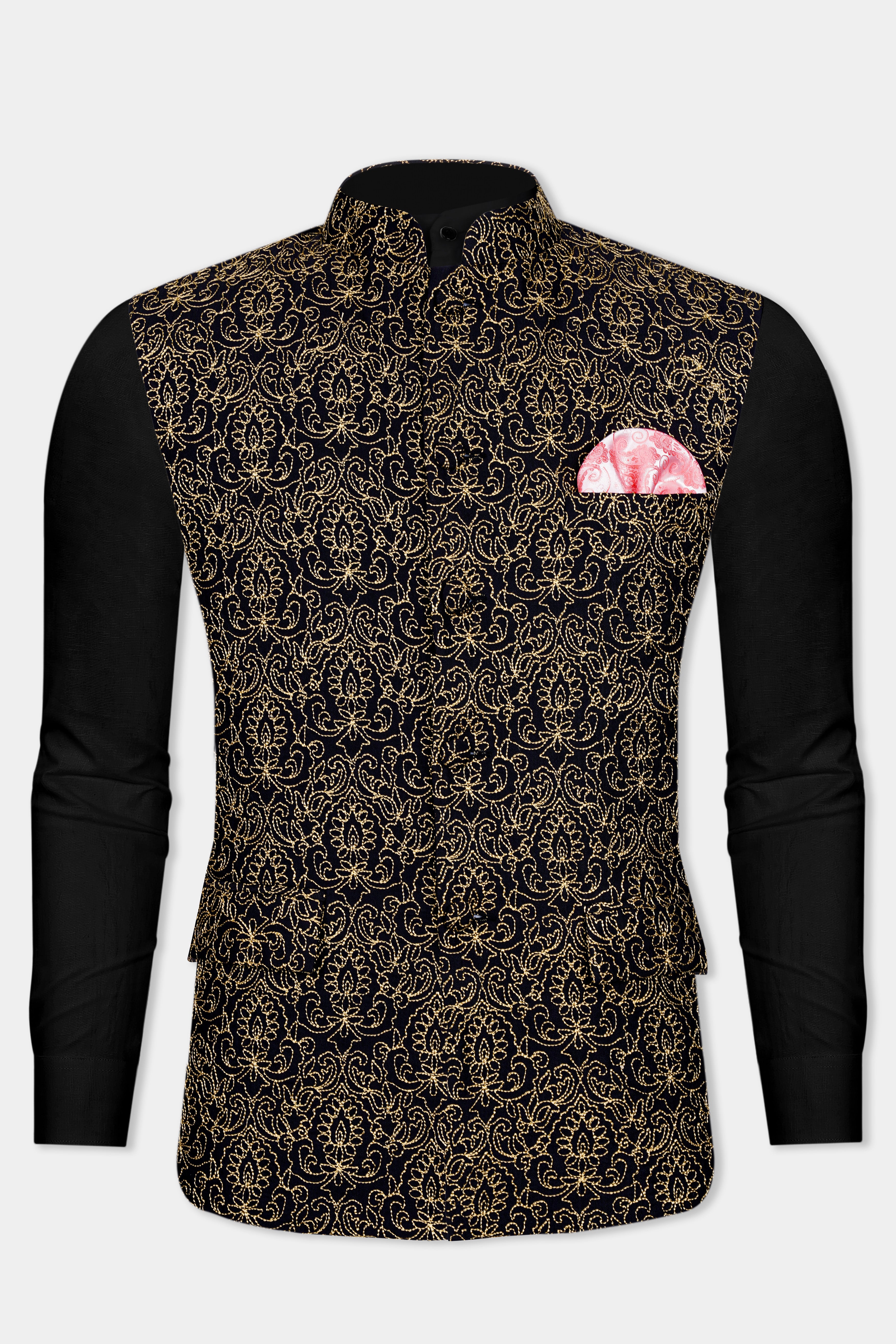 Jade Black Thread Embroidered Designer Viscose Nehru Jacket