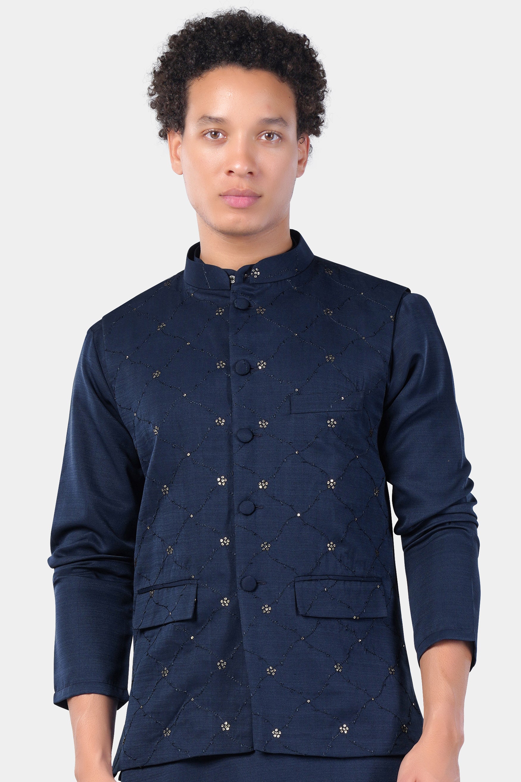 Mirage Blue floral Thread and Sequin Embroidered Designer Viscose Nehru Jacket