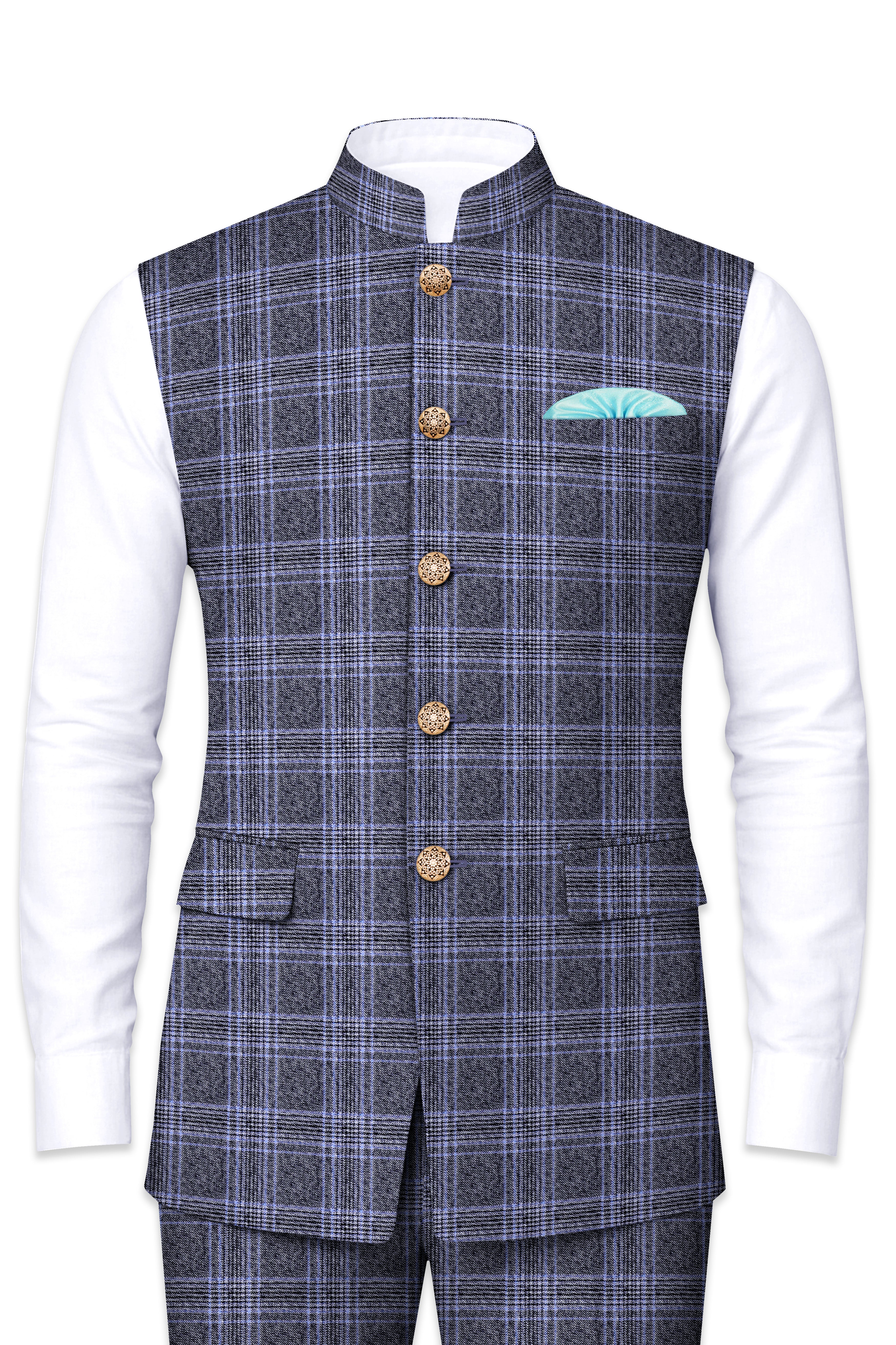 Dolphin And Casper Blue Checkered Wool Rich Nehru jacket