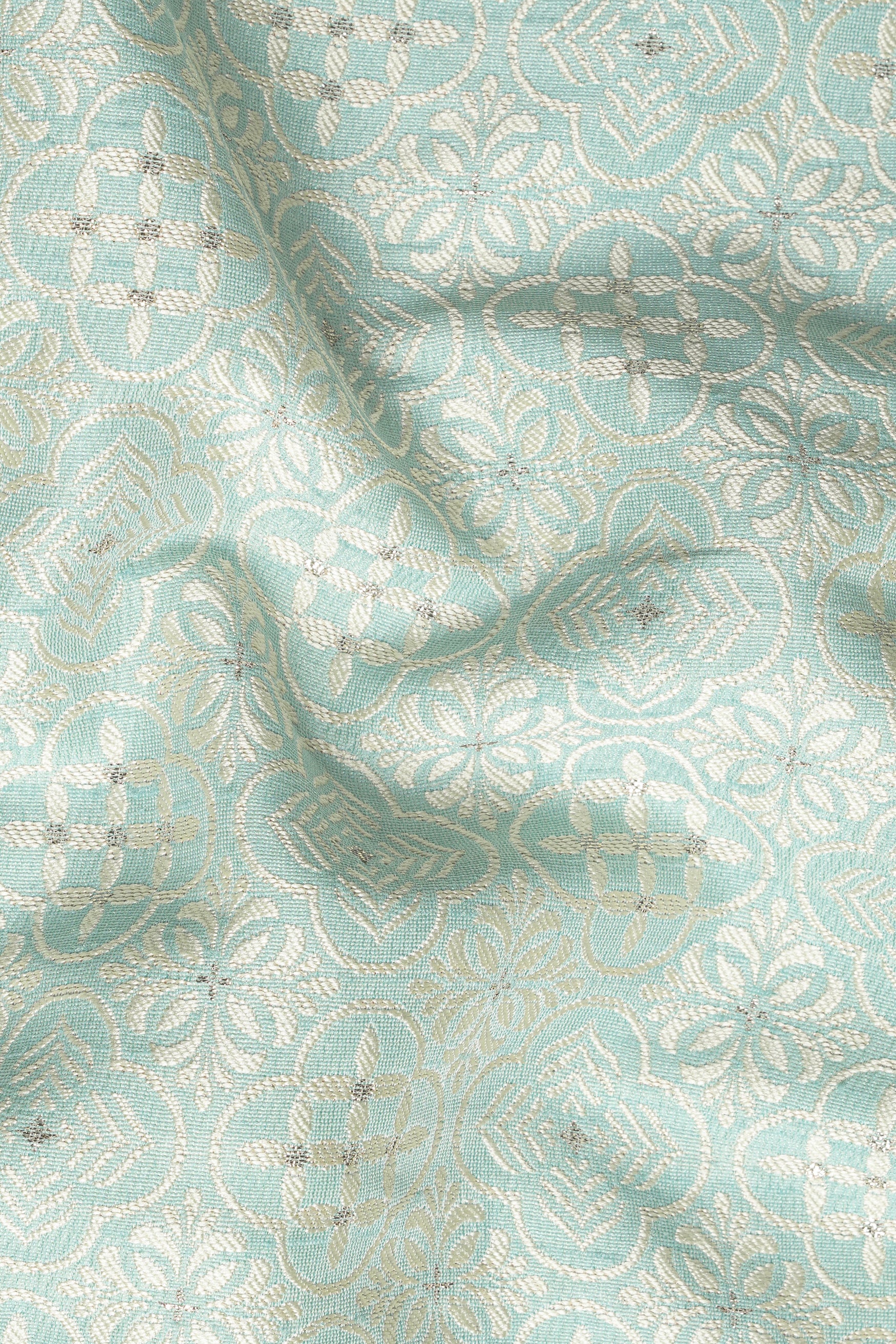Opal Green and White Moroccan Jacquard Textured Designer Nehru Jacket WC3456-36,  WC3456-38,  WC3456-40,  WC3456-42,  WC3456-44,  WC3456-46,  WC3456-48,  WC3456-50,  WC3456-52,  WC3456-54,  WC3456-56,  WC3456-58,  WC3456-60