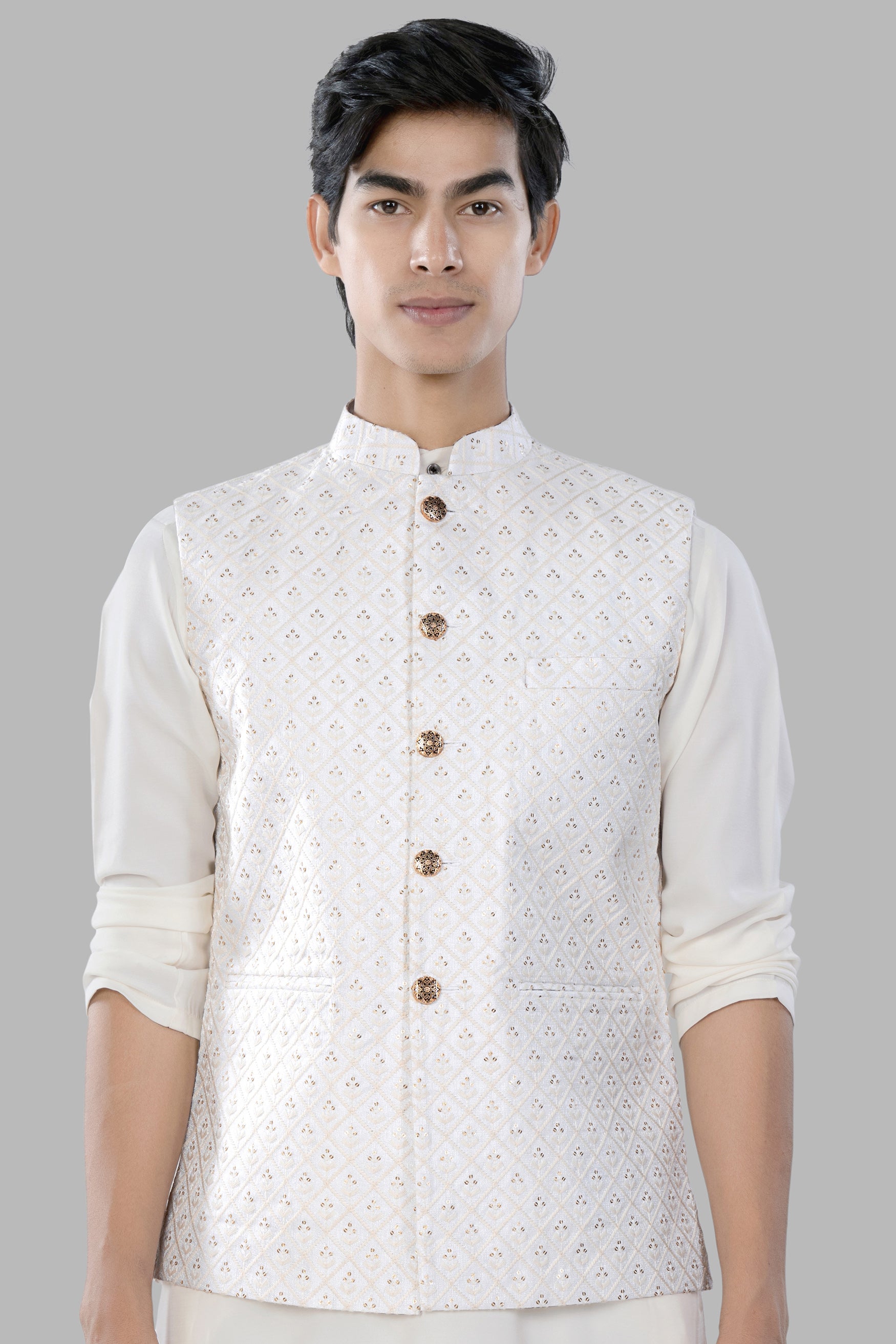 Bright White and Ecru Cream Geometric Thread and Sequin Embroidered Designer Nehru Jacket WC3459-36, WC3459-38, WC3459-40, WC3459-42, WC3459-44, WC3459-46, WC3459-48, WC3459-50, WC3459-52, WC3459-54, WC3459-56, WC3459-58, WC3459-60