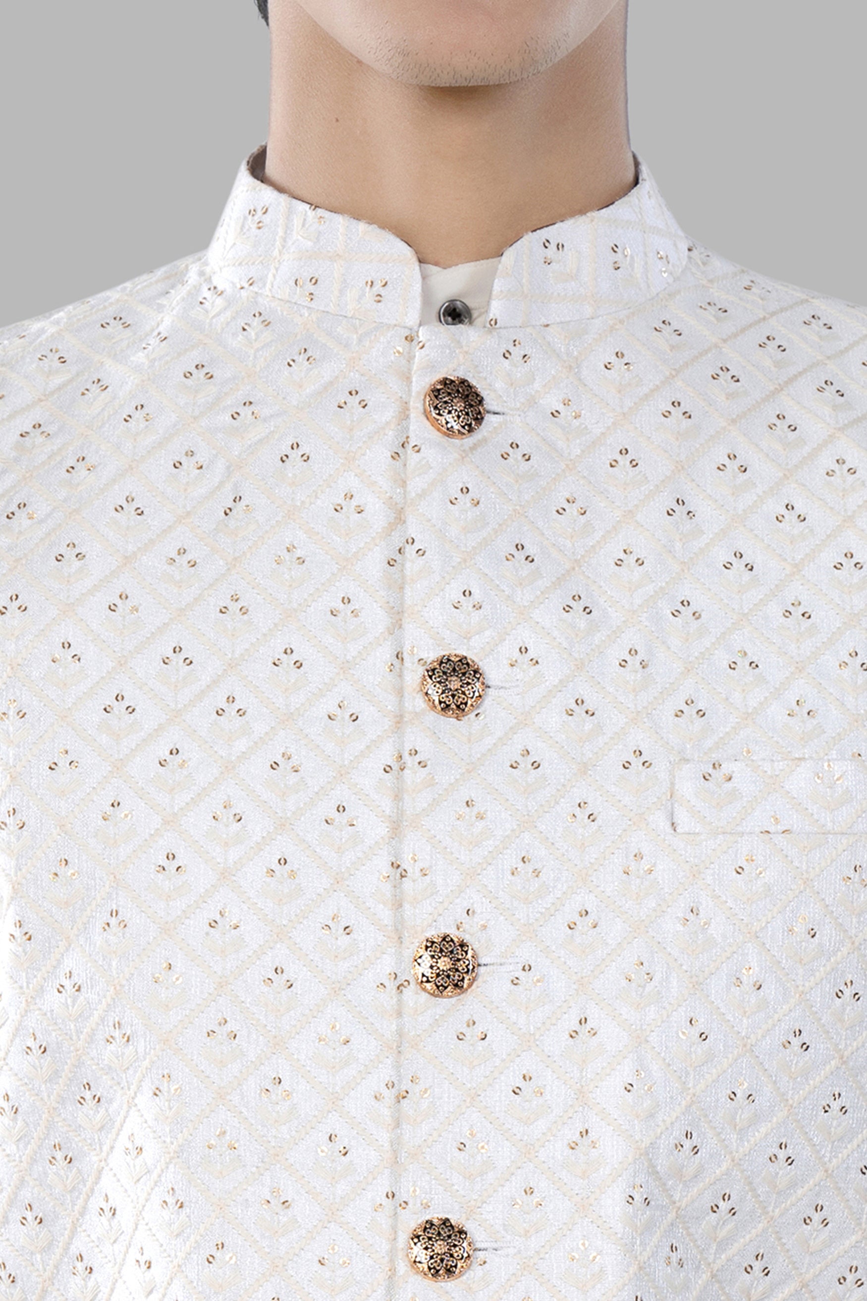 Bright White and Ecru Cream Geometric Thread and Sequin Embroidered Designer Nehru Jacket WC3459-36, WC3459-38, WC3459-40, WC3459-42, WC3459-44, WC3459-46, WC3459-48, WC3459-50, WC3459-52, WC3459-54, WC3459-56, WC3459-58, WC3459-60