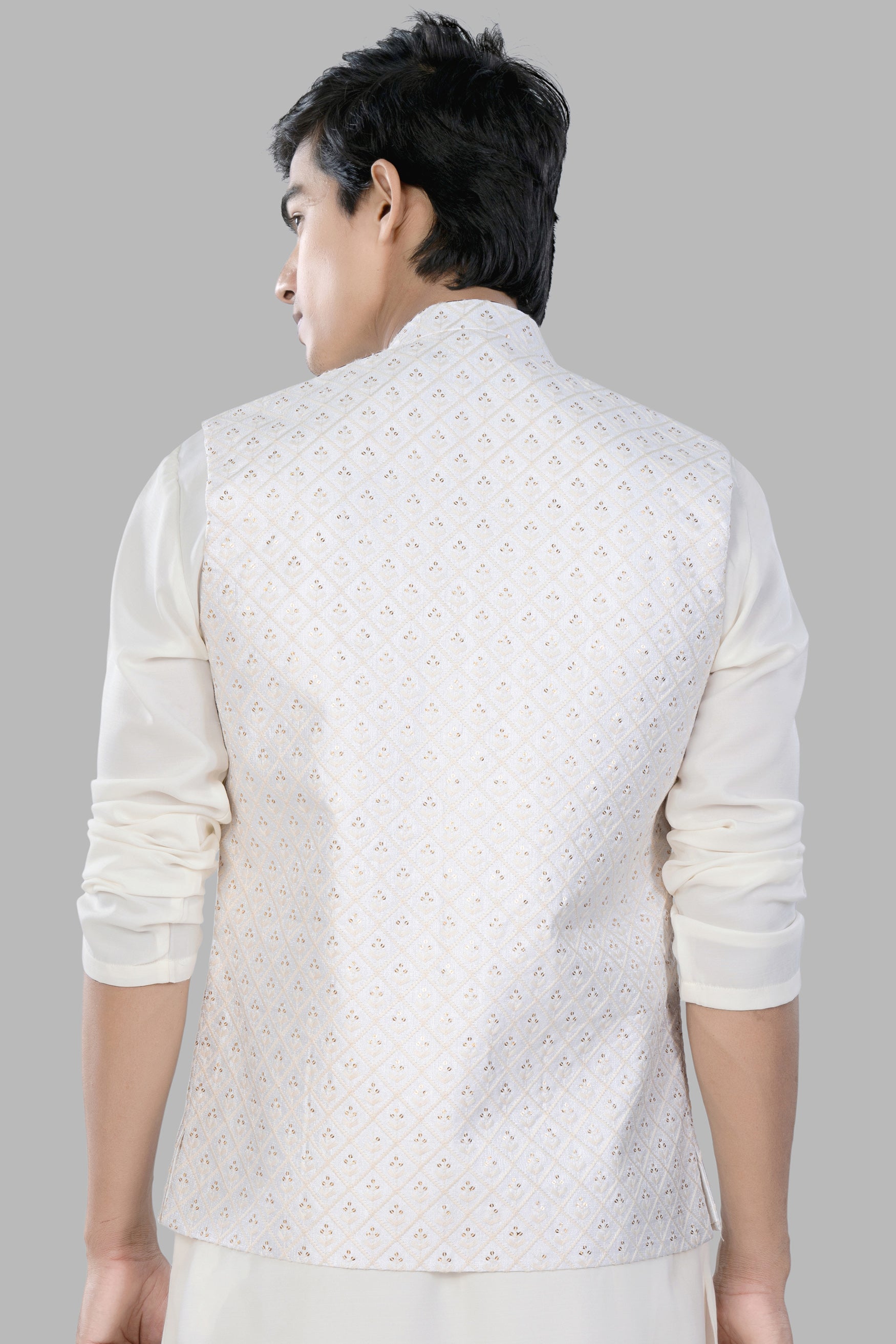 Bright White and Ecru Cream Geometric Thread and Sequin Embroidered Designer Nehru Jacket WC3459-36, WC3459-38, WC3459-40, WC3459-42, WC3459-44, WC3459-46, WC3459-48, WC3459-50, WC3459-52, WC3459-54, WC3459-56, WC3459-58, WC3459-60