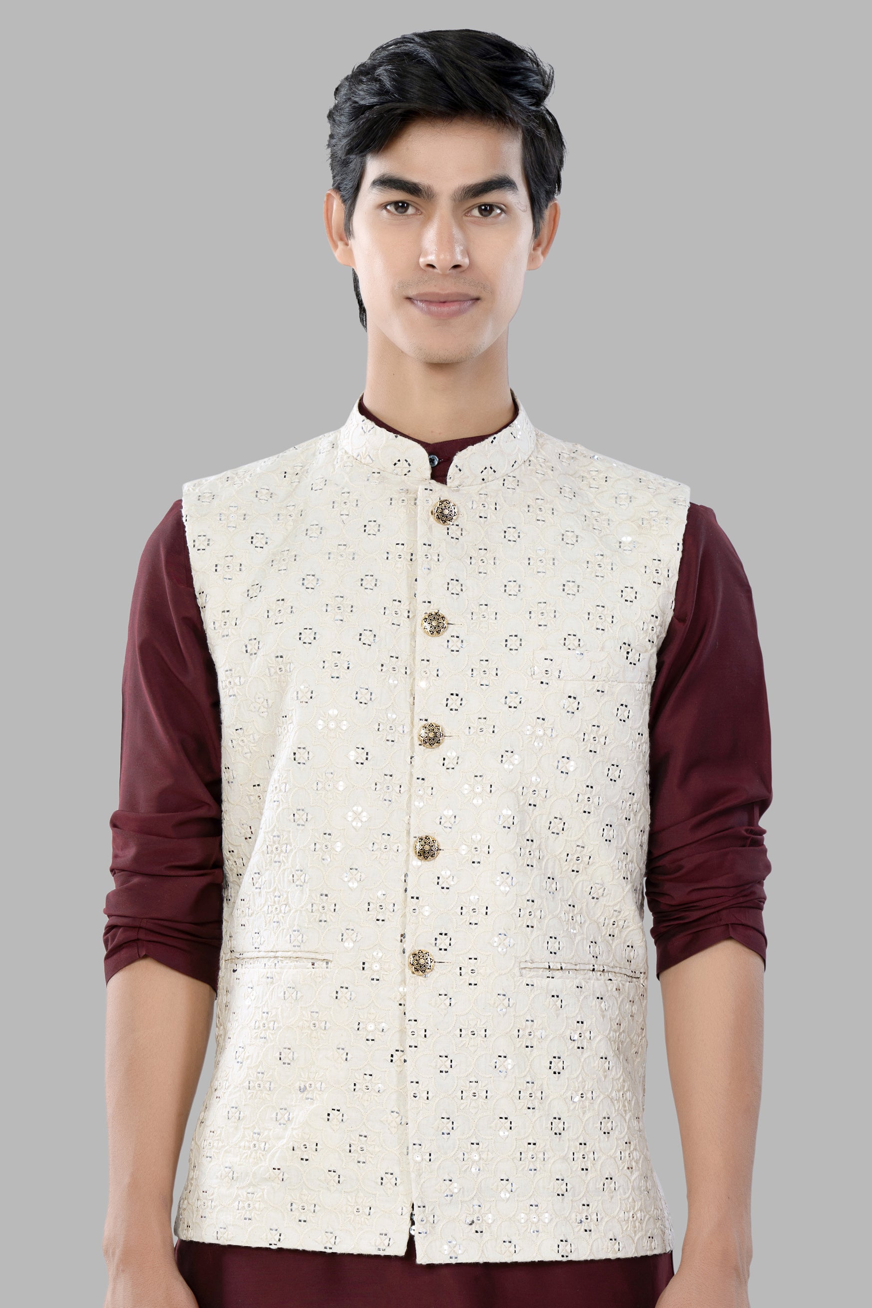Ivory Cream Moroccan Thread and Sequin Embroidered Designer Nehru Jacket WC3461-36, WC3461-38, WC3461-40, WC3461-42, WC3461-44, WC3461-46, WC3461-48, WC3461-50, WC3461-52, WC3461-54, WC3461-56, WC3461-58, WC3461-60