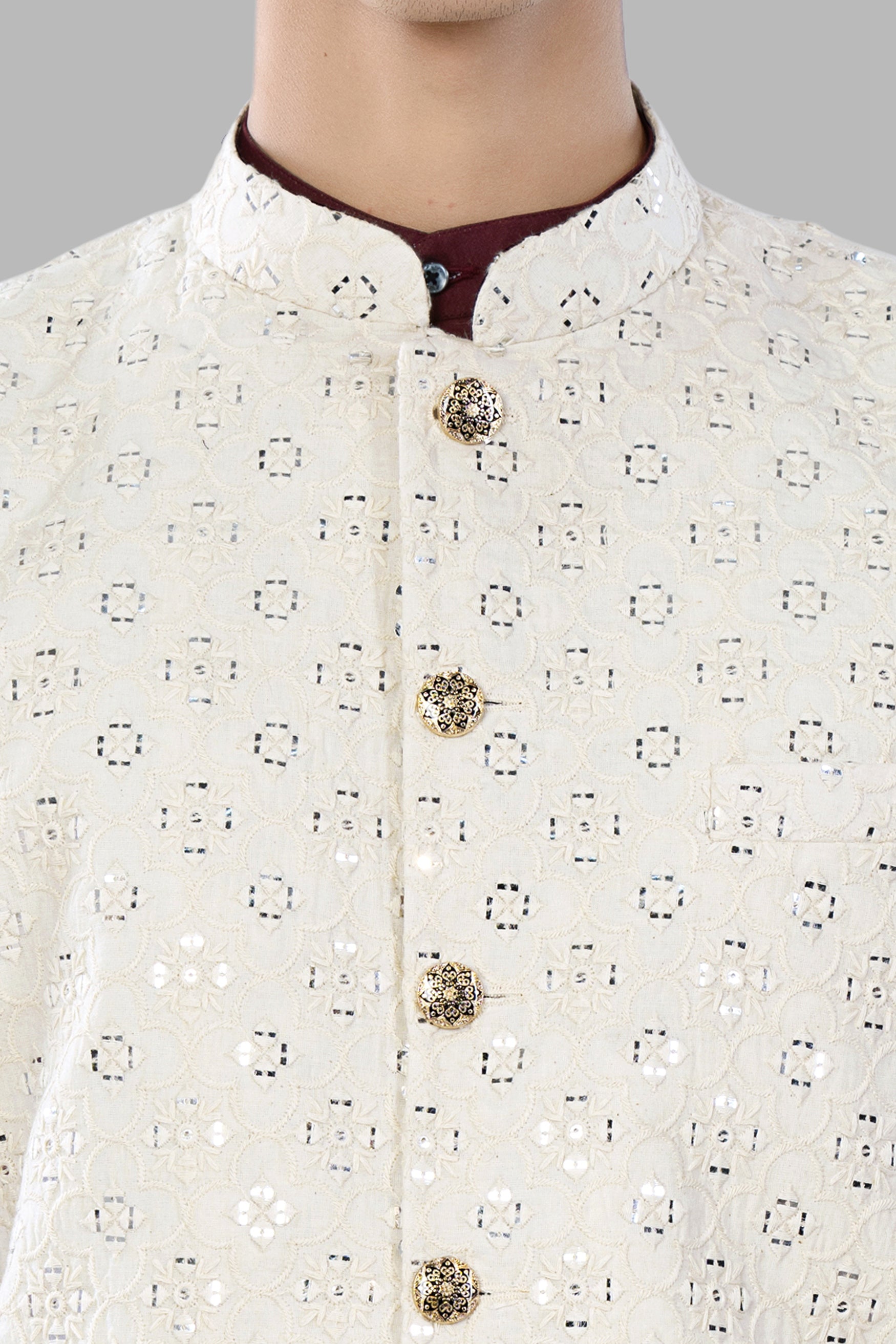 Ivory Cream Moroccan Thread and Sequin Embroidered Designer Nehru Jacket WC3461-36, WC3461-38, WC3461-40, WC3461-42, WC3461-44, WC3461-46, WC3461-48, WC3461-50, WC3461-52, WC3461-54, WC3461-56, WC3461-58, WC3461-60