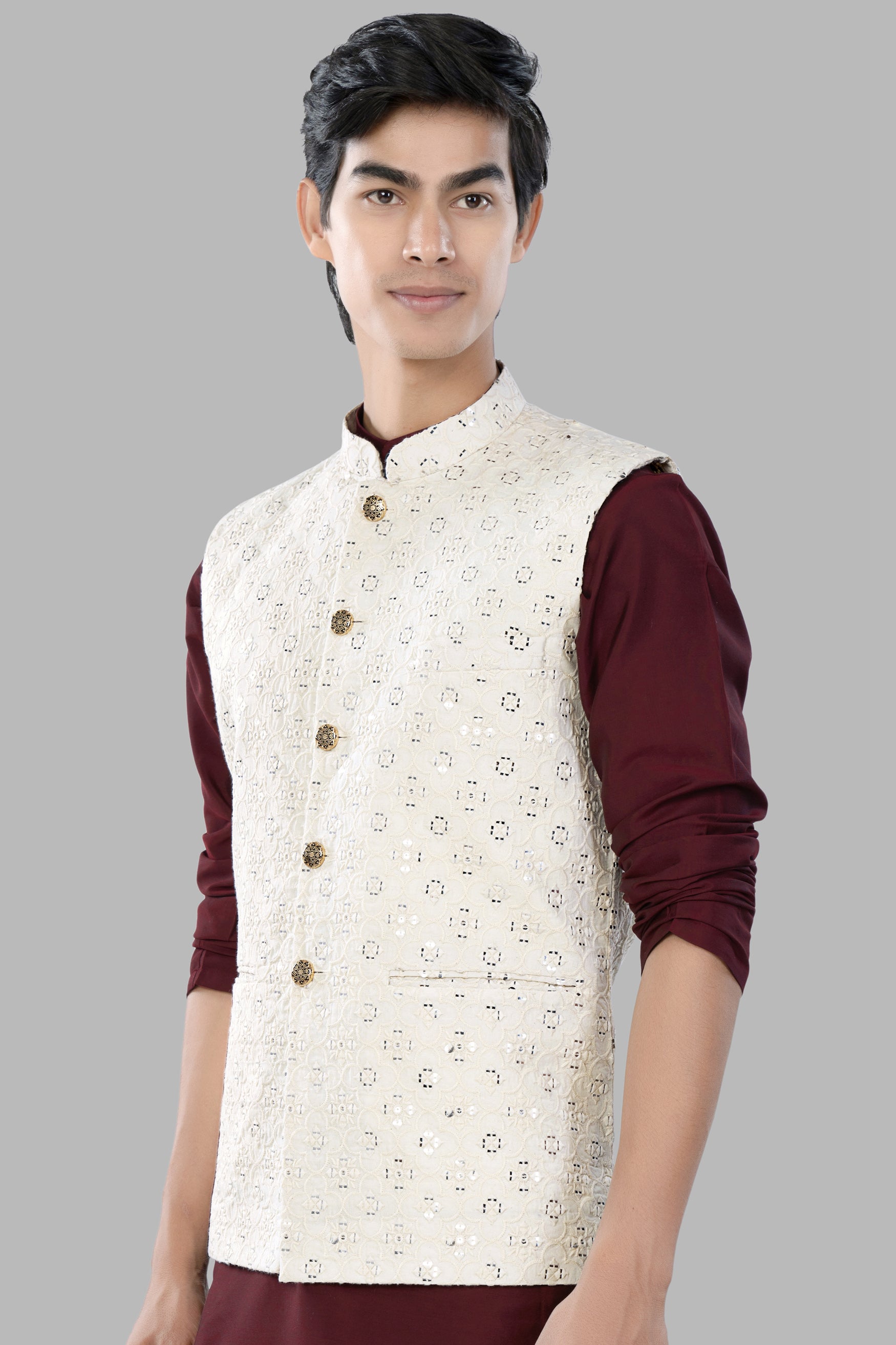 Ivory Cream Moroccan Thread and Sequin Embroidered Designer Nehru Jacket WC3461-36, WC3461-38, WC3461-40, WC3461-42, WC3461-44, WC3461-46, WC3461-48, WC3461-50, WC3461-52, WC3461-54, WC3461-56, WC3461-58, WC3461-60