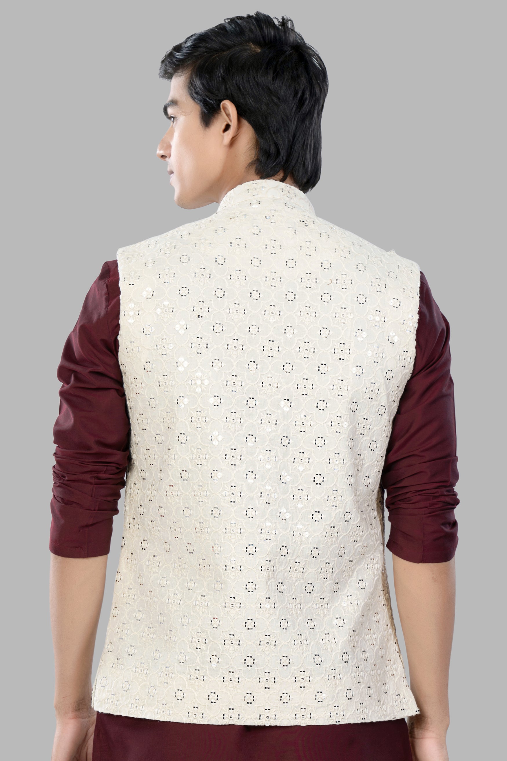 Ivory Cream Moroccan Thread and Sequin Embroidered Designer Nehru Jacket WC3461-36, WC3461-38, WC3461-40, WC3461-42, WC3461-44, WC3461-46, WC3461-48, WC3461-50, WC3461-52, WC3461-54, WC3461-56, WC3461-58, WC3461-60