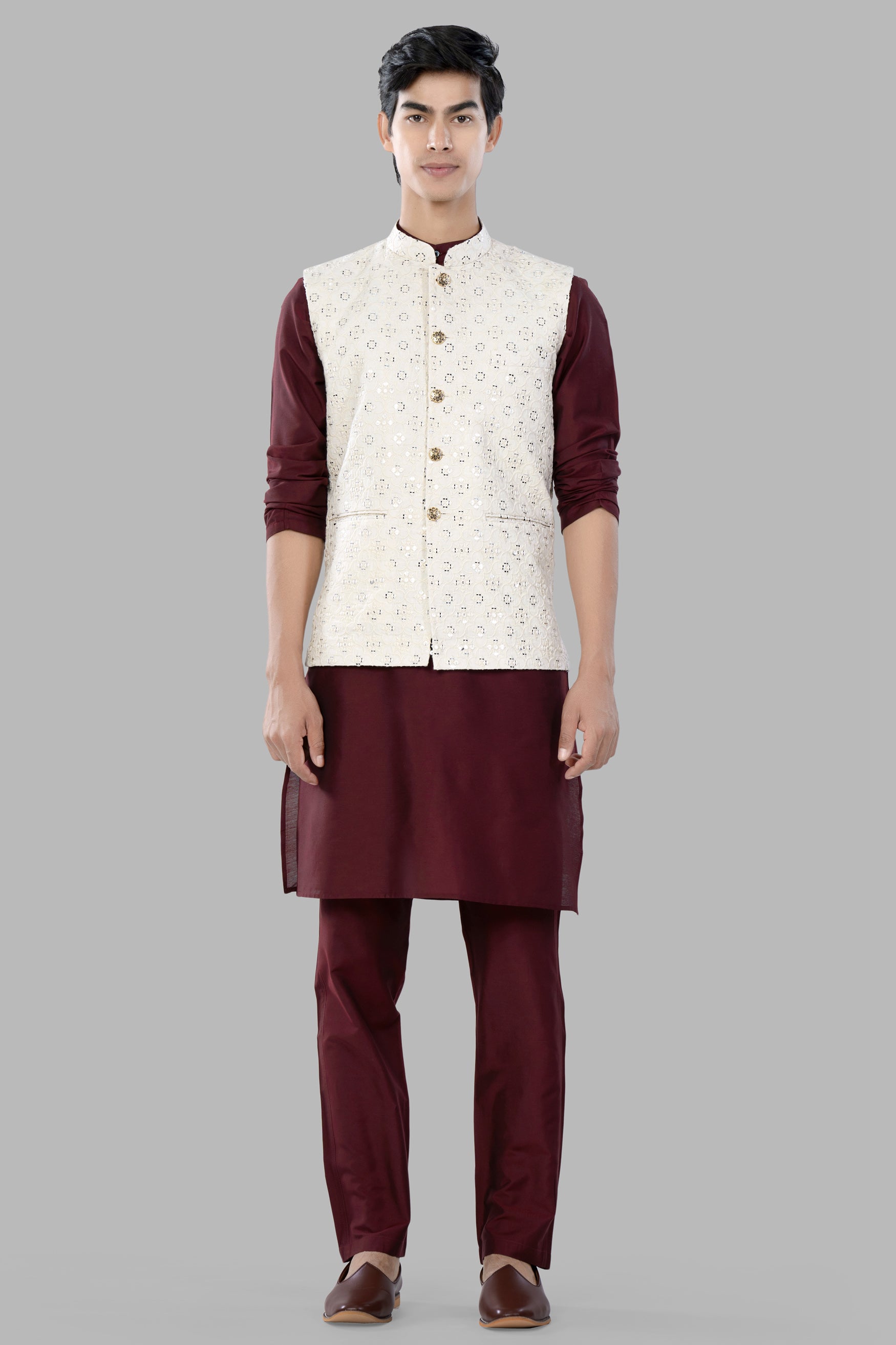 Ivory Cream Moroccan Thread and Sequin Embroidered Designer Nehru Jacket WC3461-36, WC3461-38, WC3461-40, WC3461-42, WC3461-44, WC3461-46, WC3461-48, WC3461-50, WC3461-52, WC3461-54, WC3461-56, WC3461-58, WC3461-60