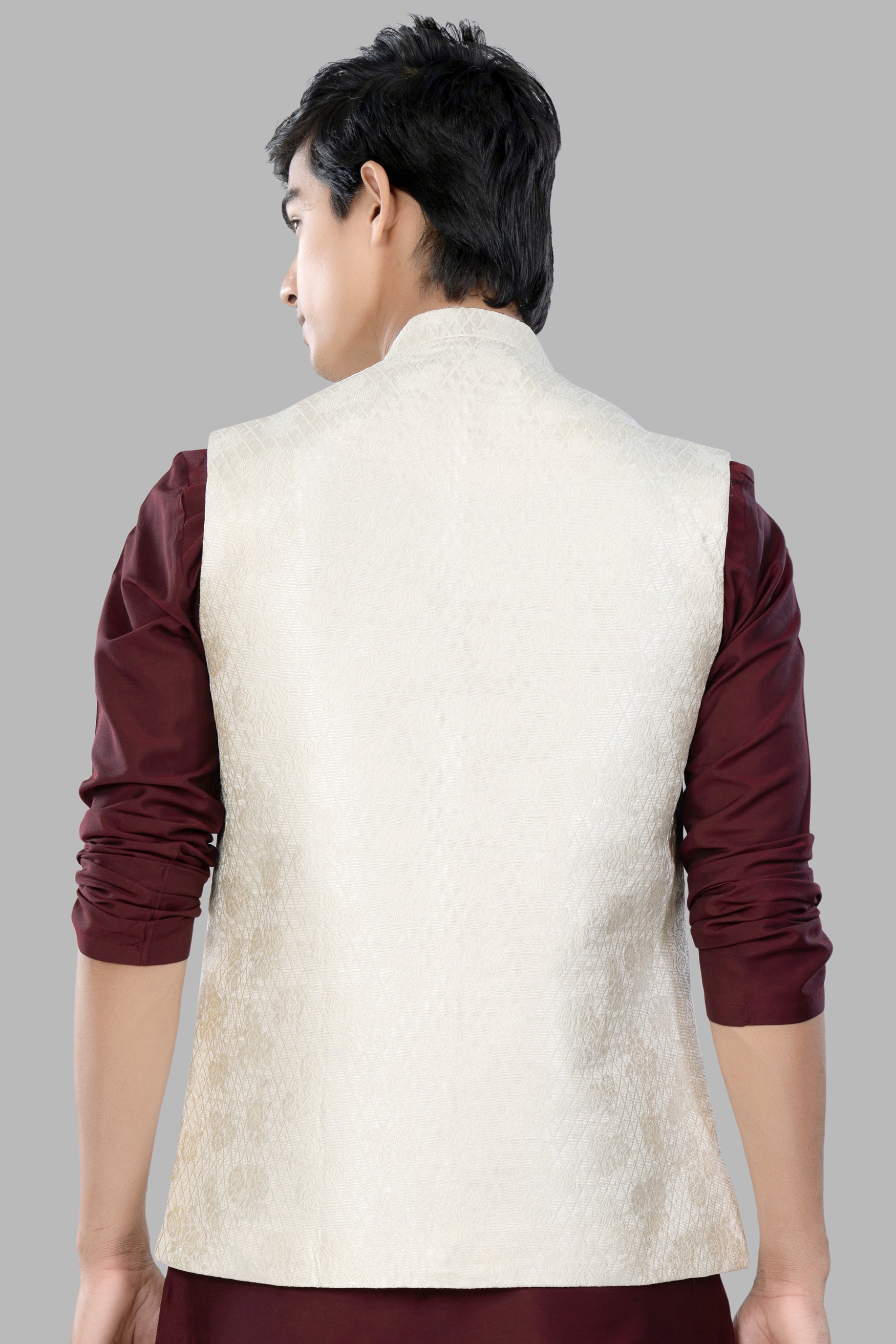 Albescent Cream Trellis Jacquard Textured Designer Nehru Jacket WC3462-36, WC3462-38, WC3462-40, WC3462-42, WC3462-44, WC3462-46, WC3462-48, WC3462-50, WC3462-52, WC3462-54, WC3462-56, WC3462-58, WC3462-60