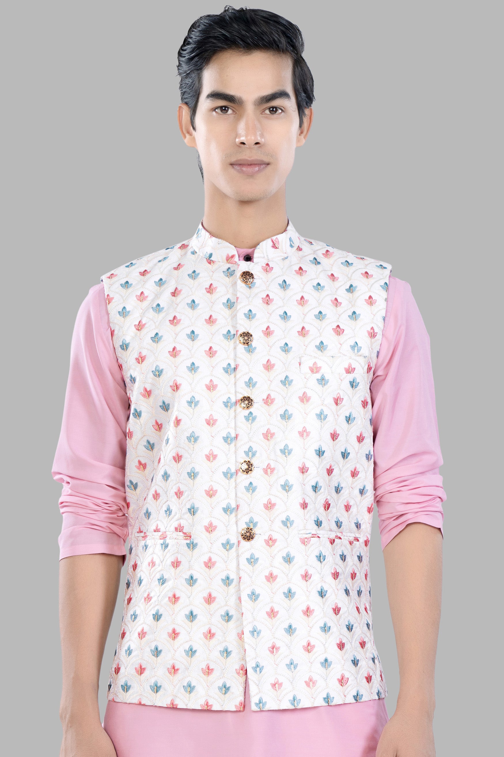 Bright White and Carnation Pink Leaves Thread Embroidered Designer Nehru Jacket WC3468-36, WC3468-38, WC3468-40, WC3468-42, WC3468-44, WC3468-46, WC3468-48, WC3468-50, WC3468-52, WC3468-54, WC3468-56, WC3468-58, WC3468-60