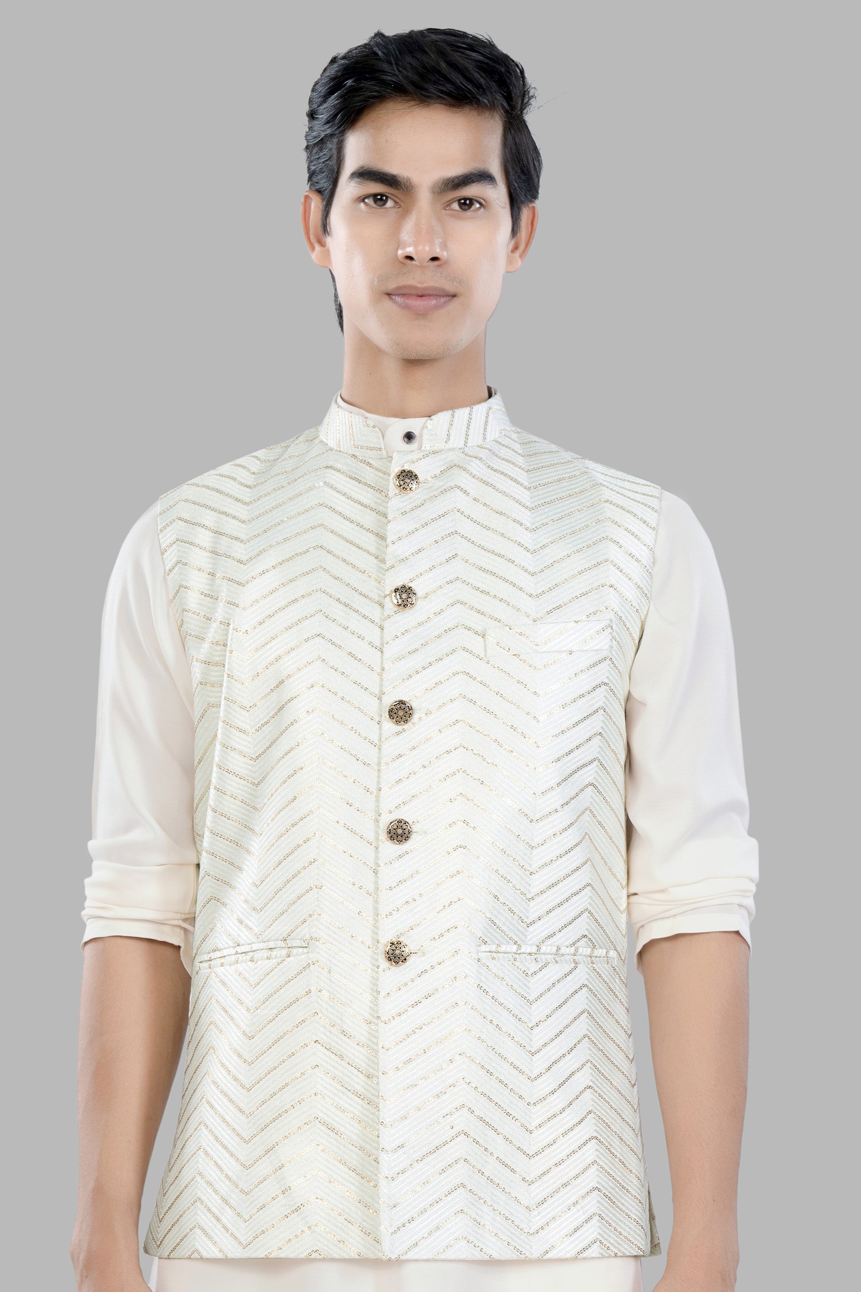 Bright White Chevron Sequin and Thread Embroidered Designer Nehru Jacket WC3472-36, WC3472-38, WC3472-40, WC3472-42, WC3472-44, WC3472-46, WC3472-48, WC3472-50, WC3472-52, WC3472-54, WC3472-56, WC3472-58, WC3472-60