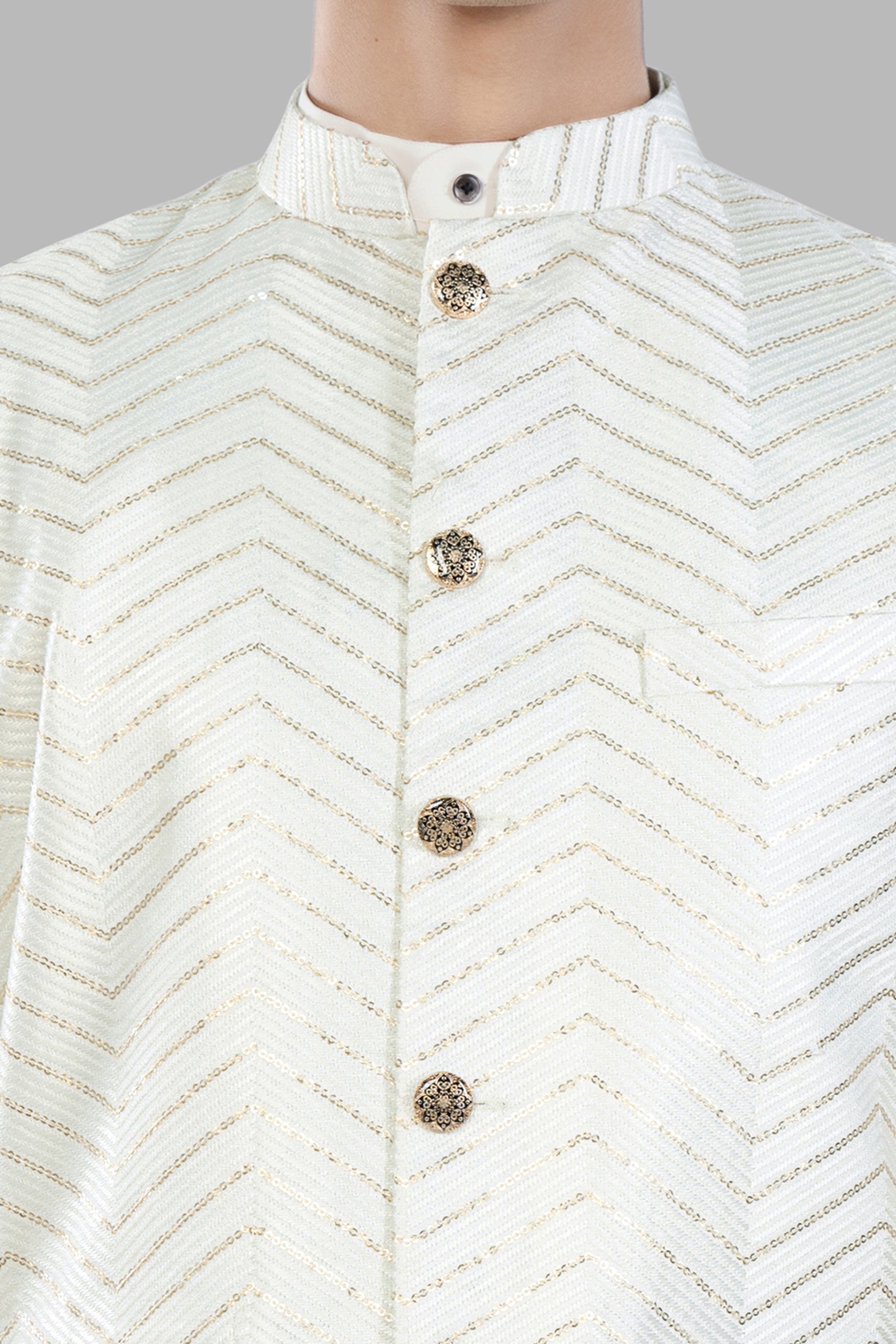 Bright White Chevron Sequin and Thread Embroidered Designer Nehru Jacket WC3472-36, WC3472-38, WC3472-40, WC3472-42, WC3472-44, WC3472-46, WC3472-48, WC3472-50, WC3472-52, WC3472-54, WC3472-56, WC3472-58, WC3472-60